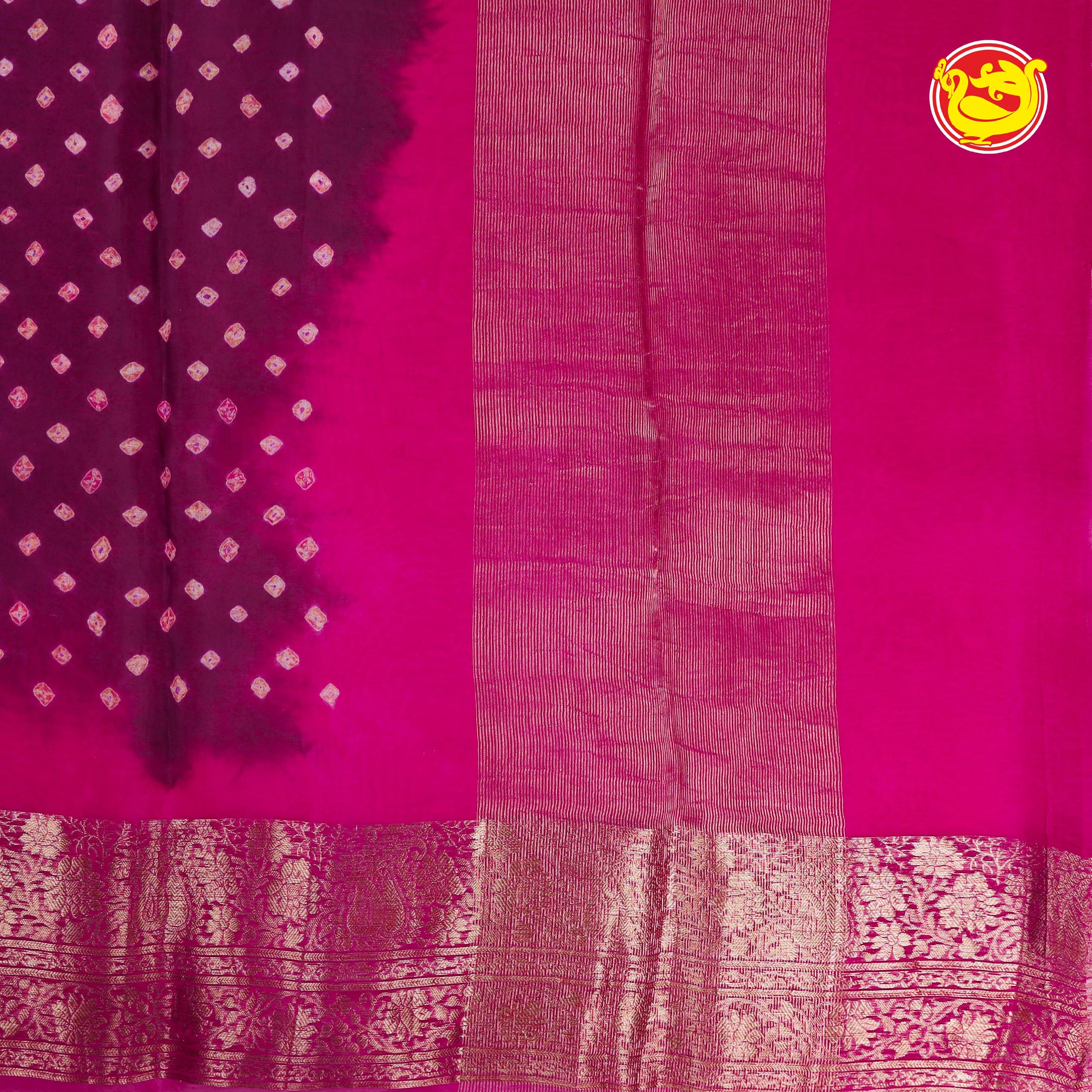 Purple with Rani pink Organza saree with hand dyed bhandhani prints