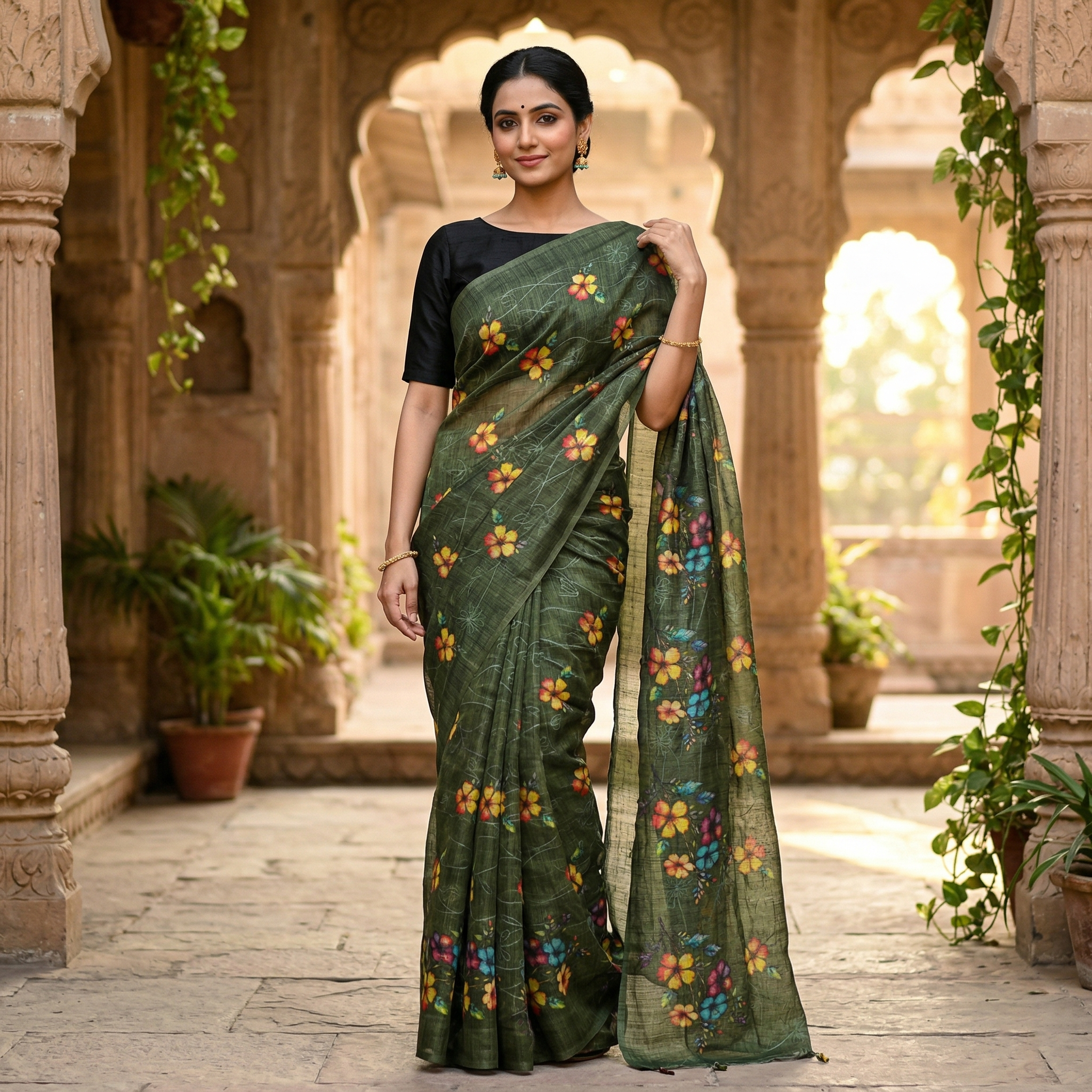 Dark Green with Floral Design Trendy Tissue Fancy Saree