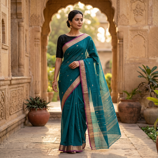 Peacock Blue Colour Pure Cotton Saree with Contrast Border