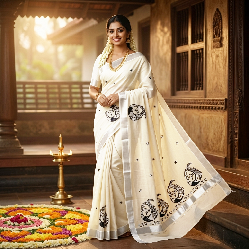 Off White With Silver Zeri Peacock Design traditional kerala onam saree