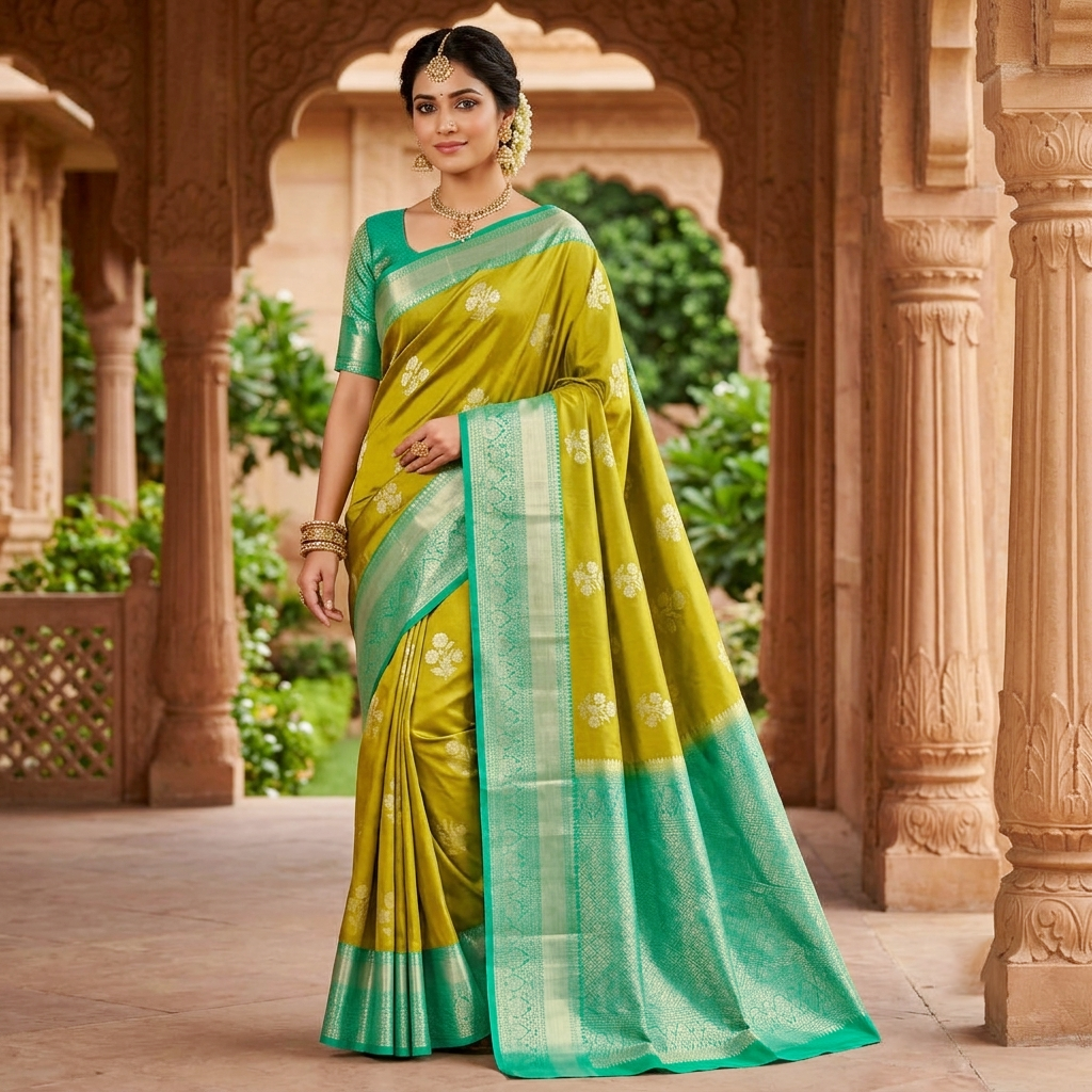 Mustard Green with Sea Green Soft Silk Saree