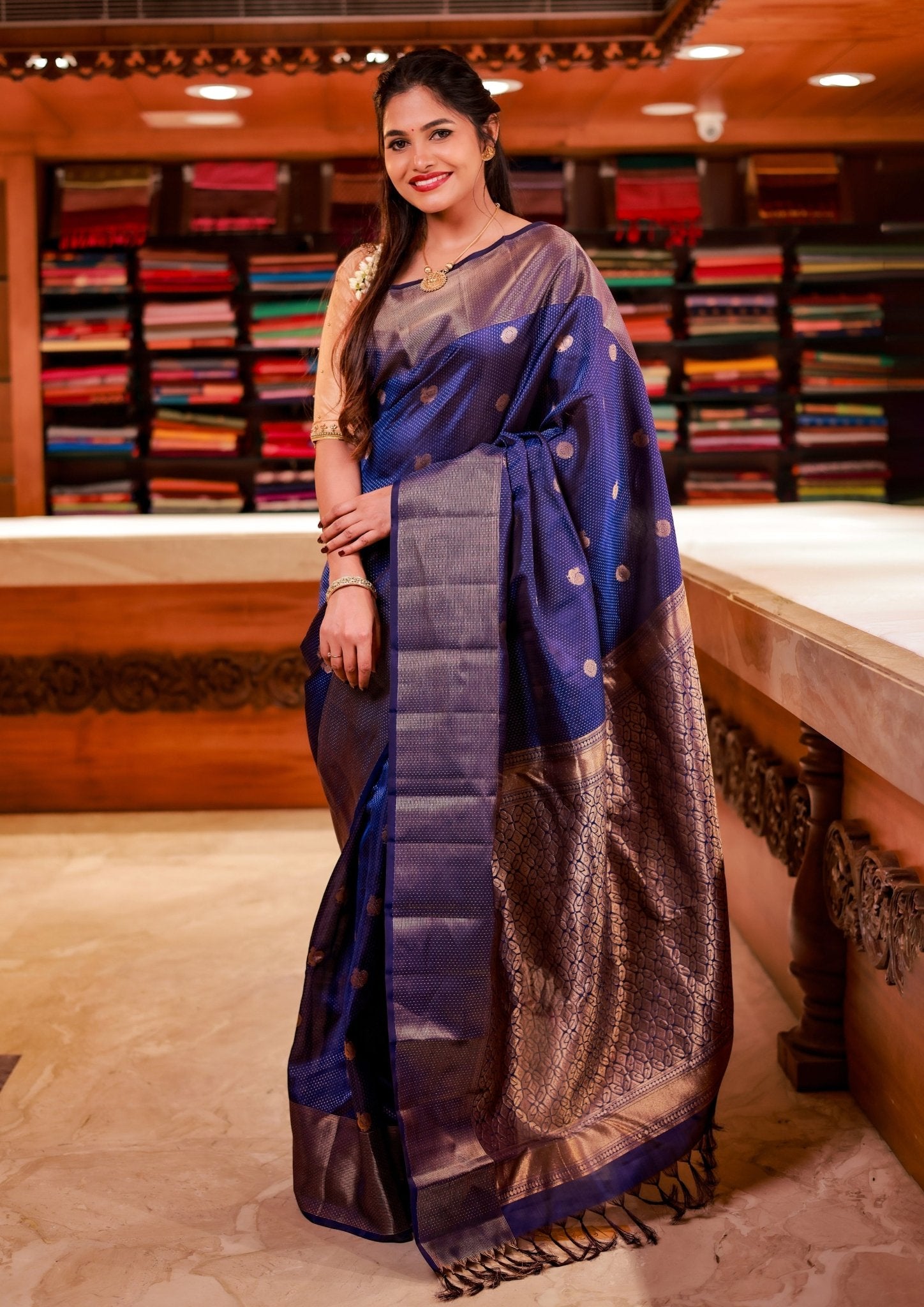 Navy Blue With Rani Pink Floral Buttas Motifs Gold Zari Striped Yuvana Semi Soft Silk Saree