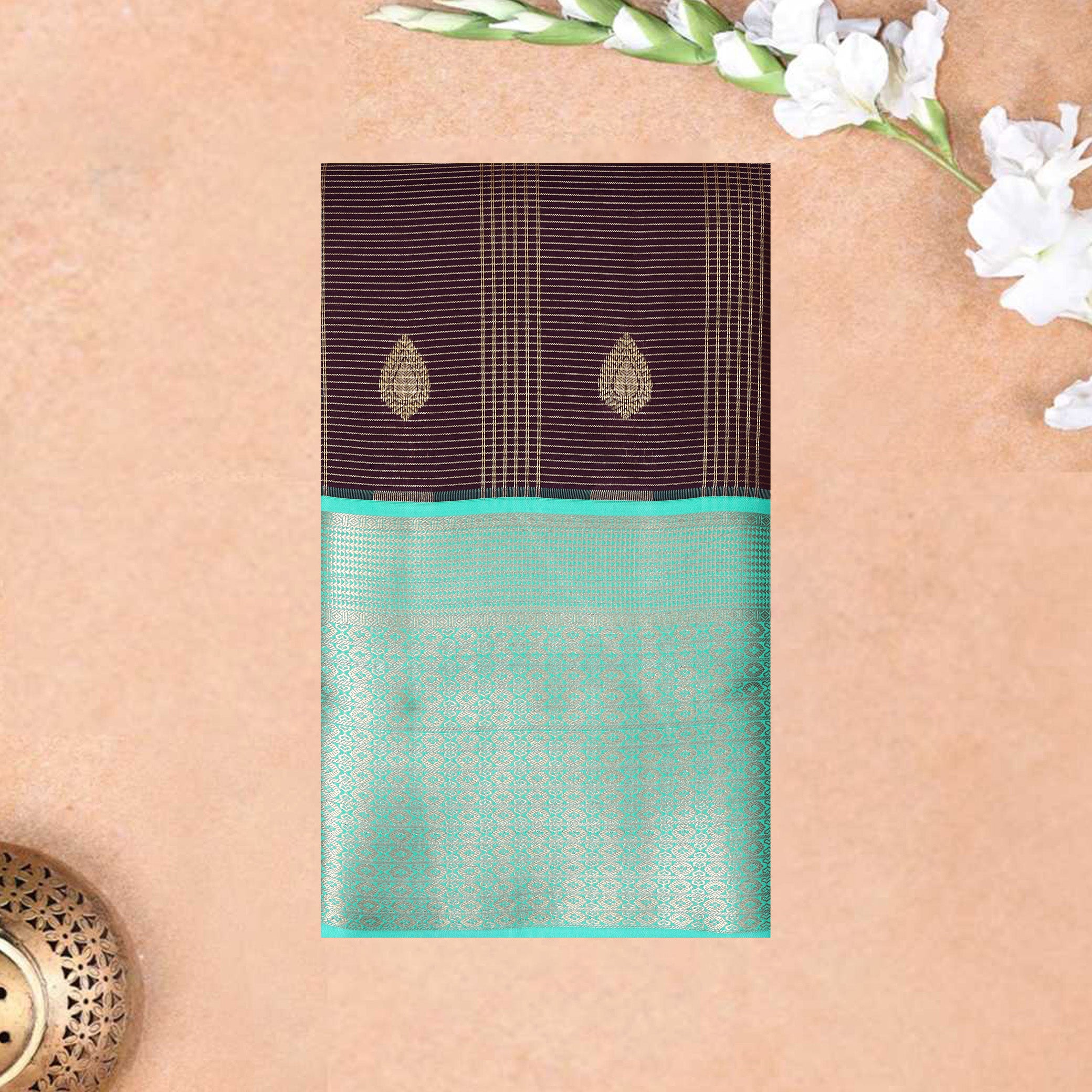 Dark Brown With  Teal Green Gold Zari Yuvana Semi Soft Silk Saree
