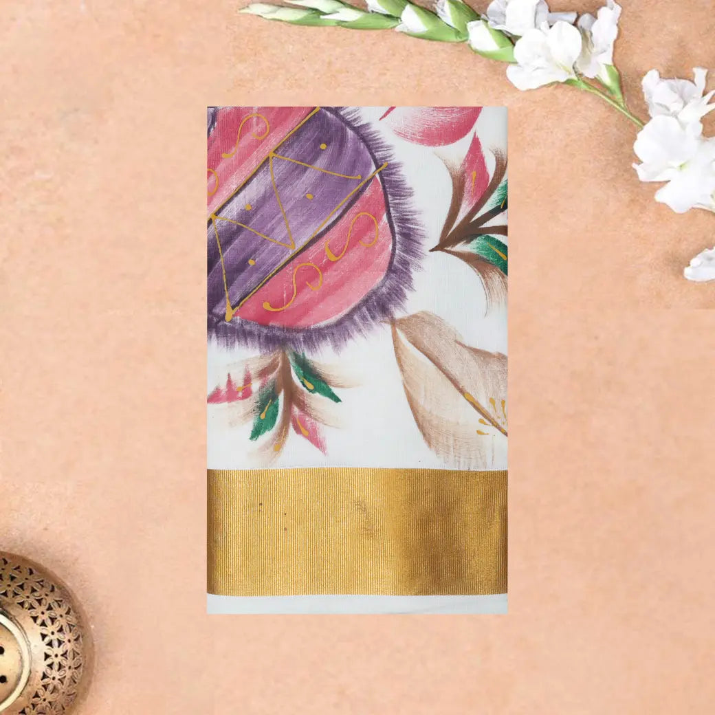 Southloom Exclusive Onam Kerala Traditional Fancy Border Floral Cotton Saree (Matching Plain Blouse Included)