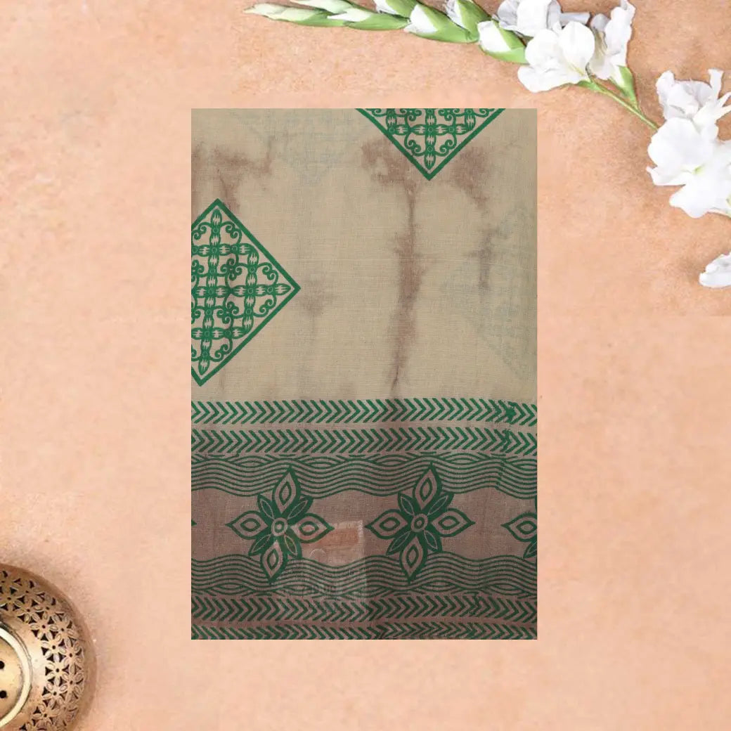 beige with light brown Sungudi Cotton Saree without Blouse