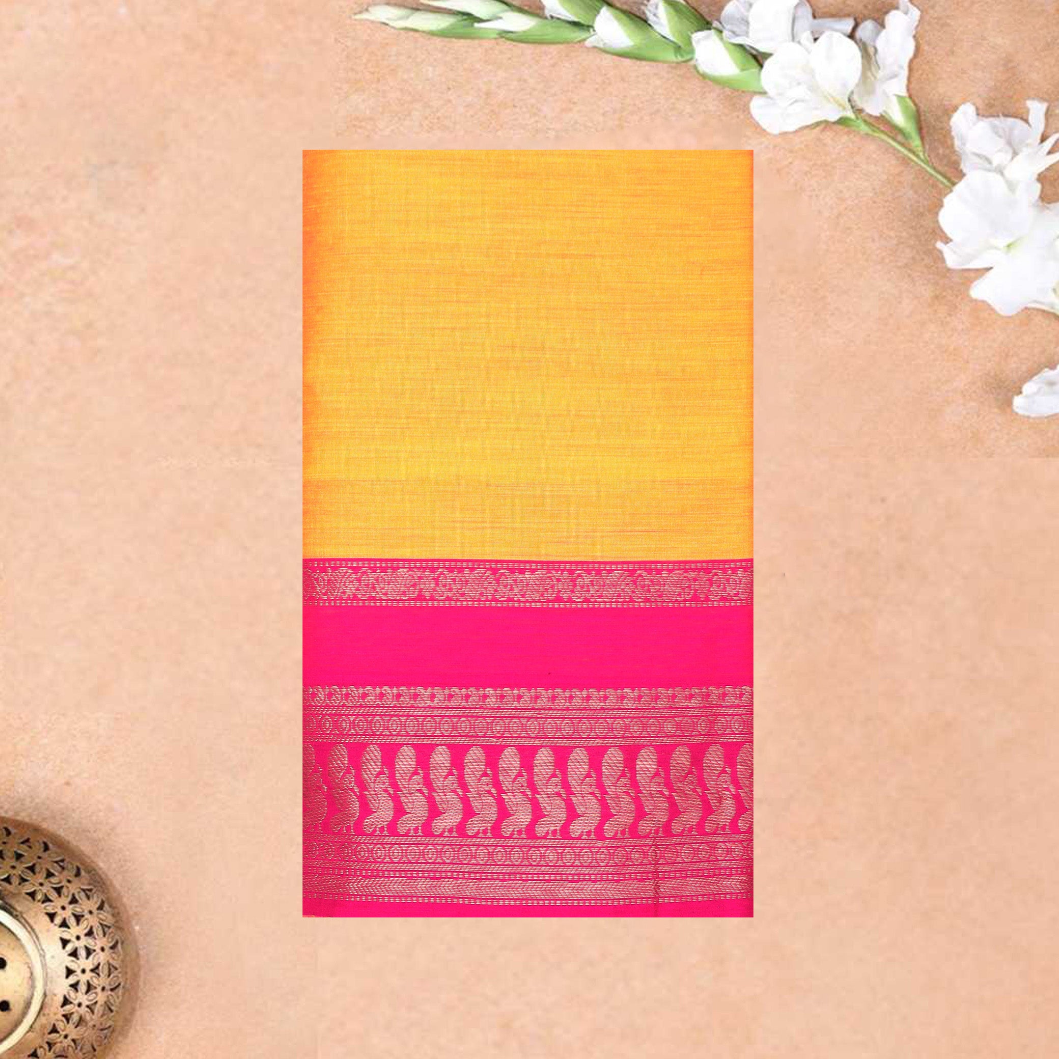 Mustard Yellow for the body and Rani Pink Premium Quality Kalyani Cotton Saree
