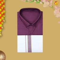 Dark Violet Colour Readymade Shirt And Matching Border Dhoti Set for Men