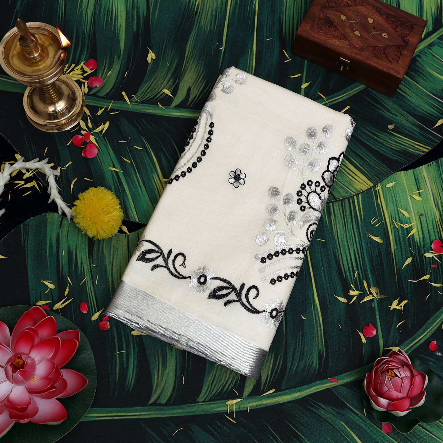 Off White With Silver Zeri Floral Design traditional kerala onam saree