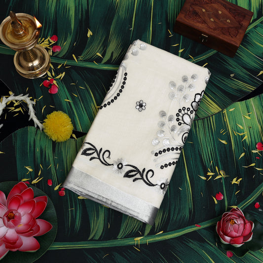 Off White With Silver Zeri Floral Design traditional kerala onam saree