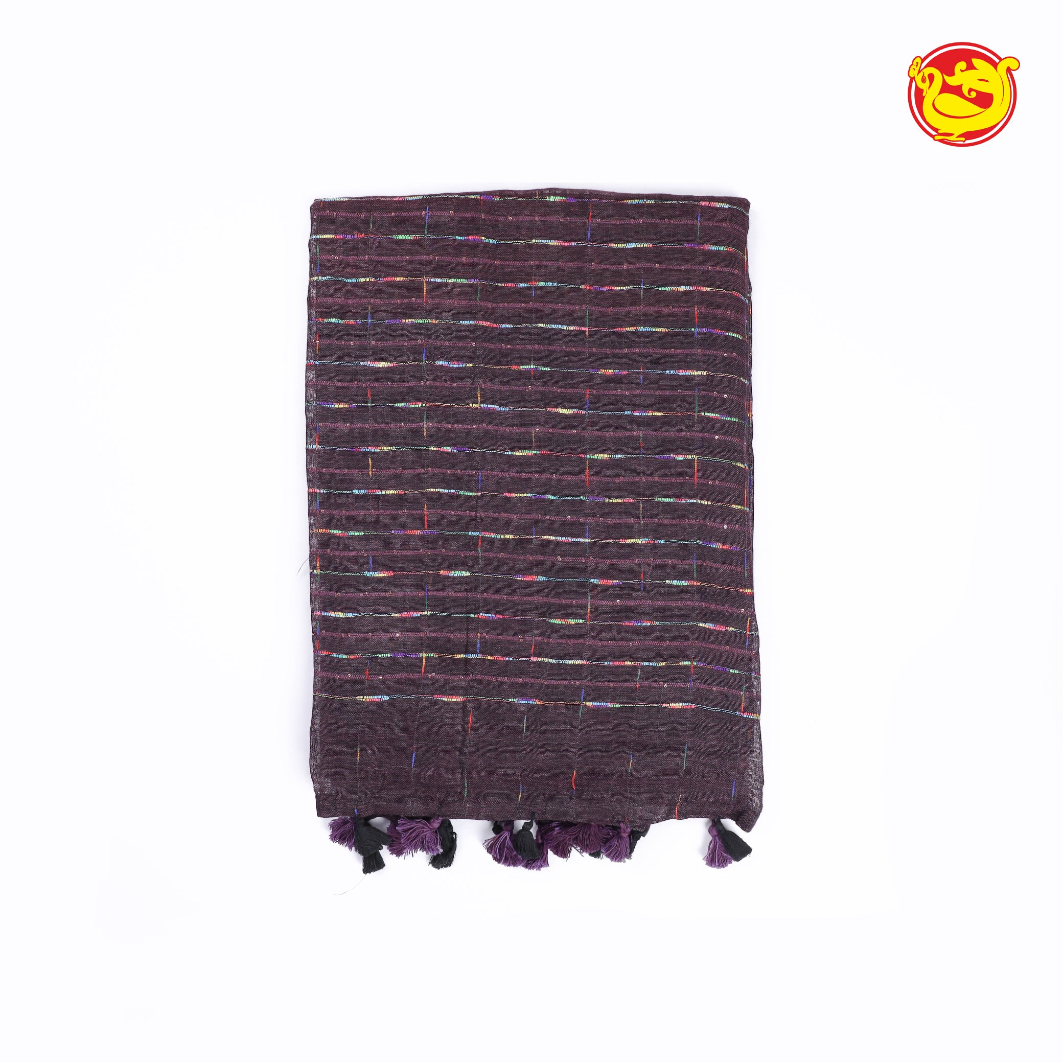 Burgundy colour pure linen saree with multicolour thread buttas