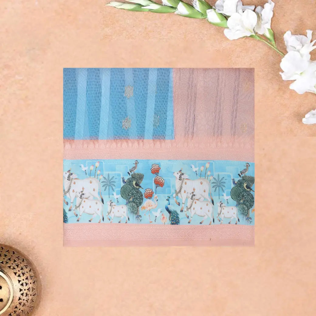 BLUE WITH LIGHTPINKSemi Burberry Silk Saree