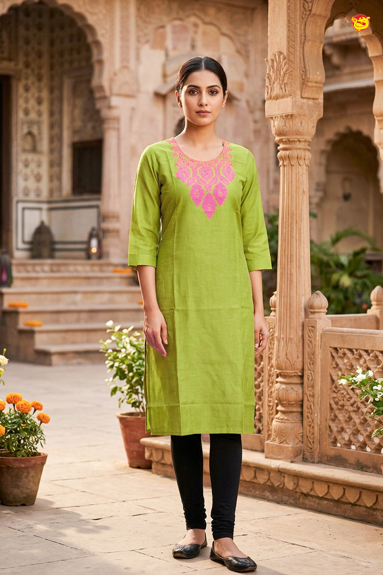 Lime Green With Floral Design Ladies Readymade Straight Cut Top