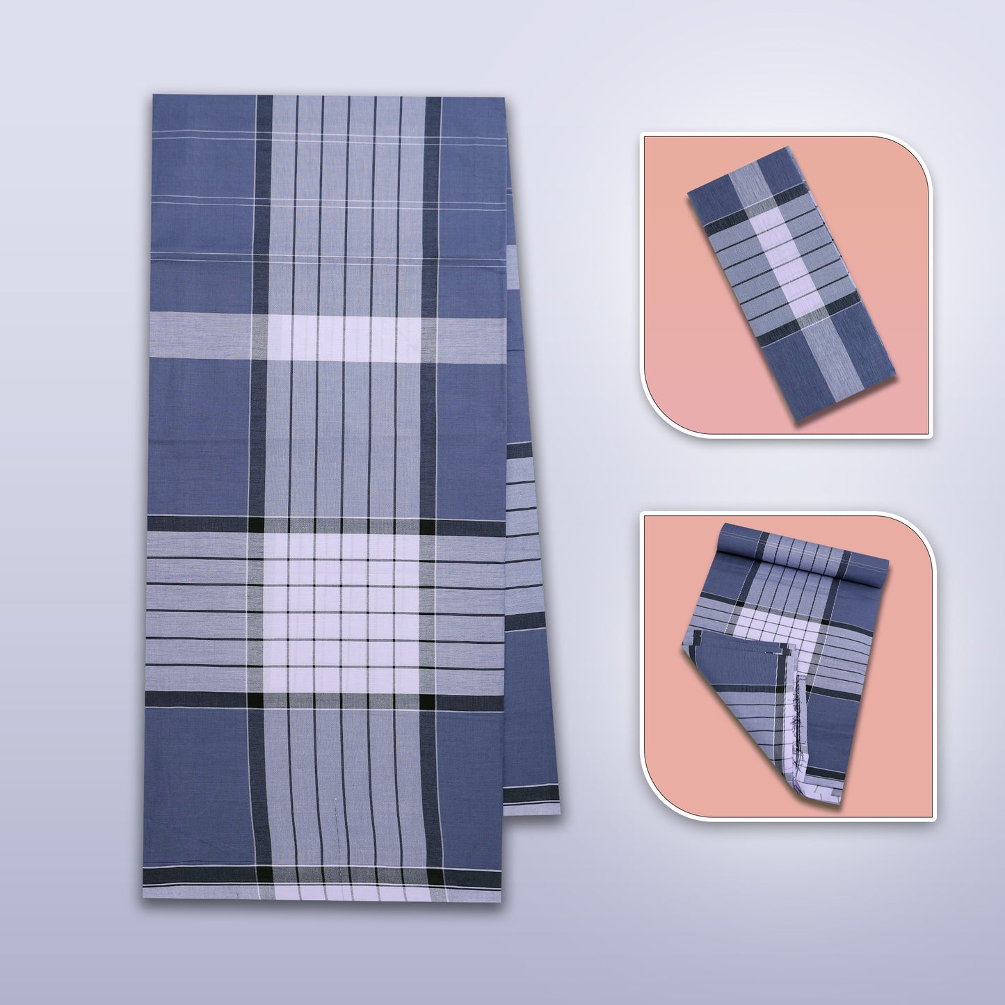 Men’s Grey With Light Blue Stripe Checked Cotton Stitched Lungi