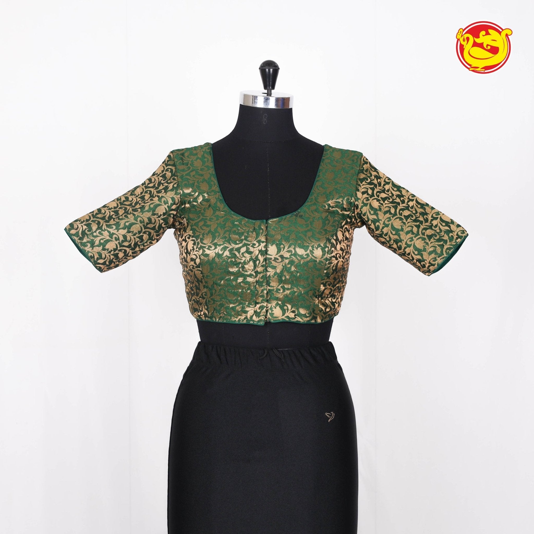 Bottle Green with Gold Zari Cotton Silk Readymade Blouse - Thenianantham