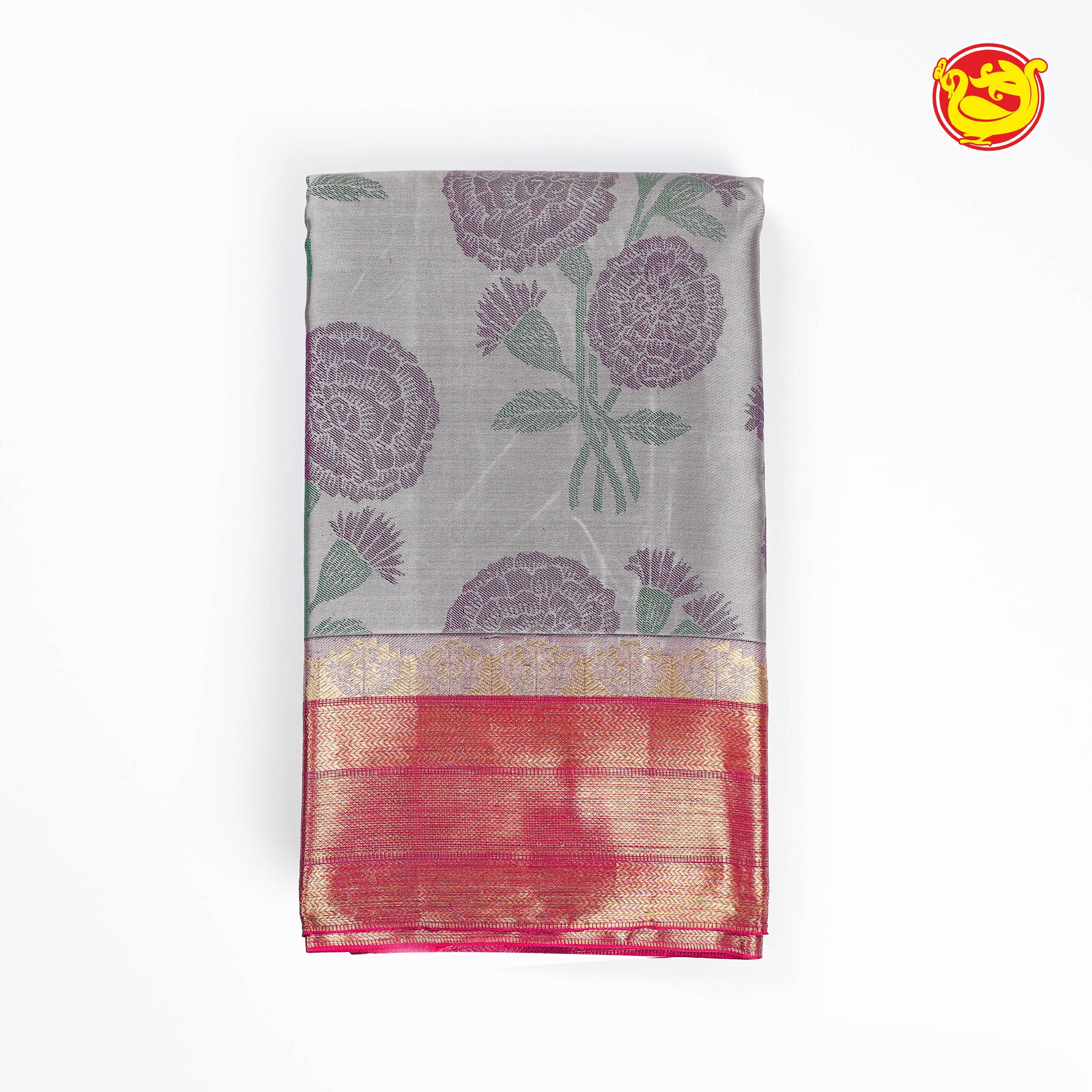 Light grey with magenta pure silk saree with woven floral motifs