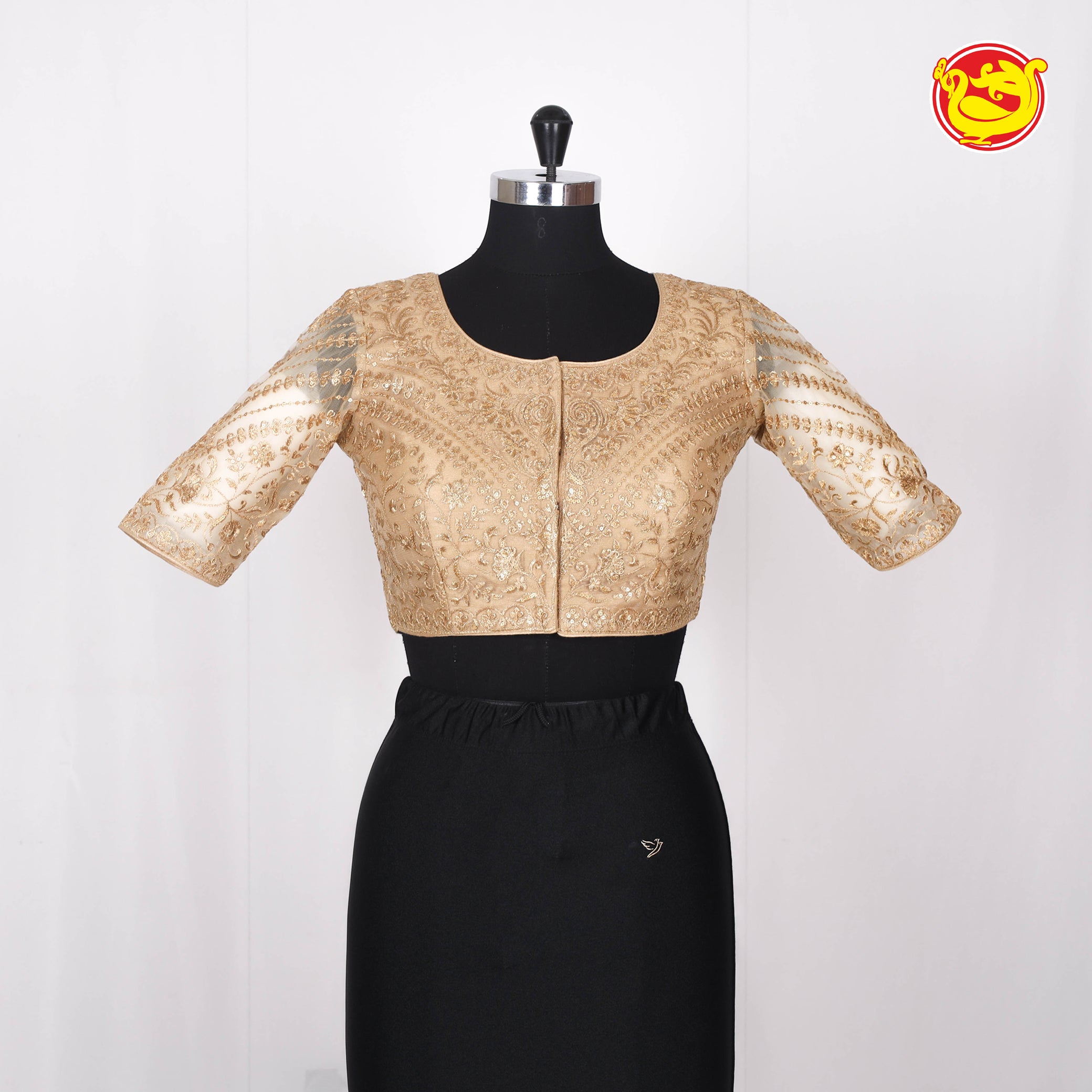 Gold color Net floral embroidered sequins embellished front open blouse