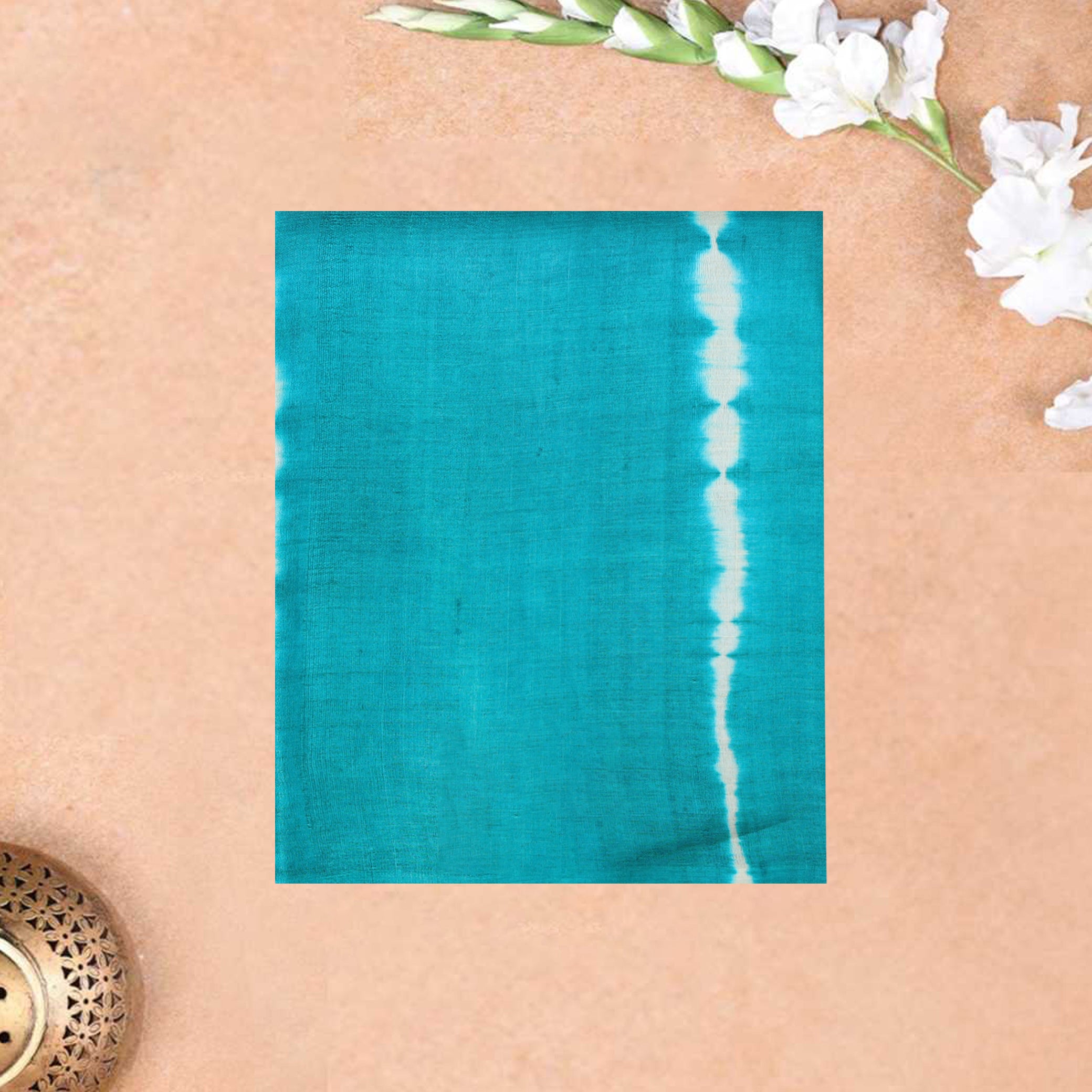 Pure Tussar Silk Saree Turquoise With Floral Design and Painted Prints and Zari Woven Border