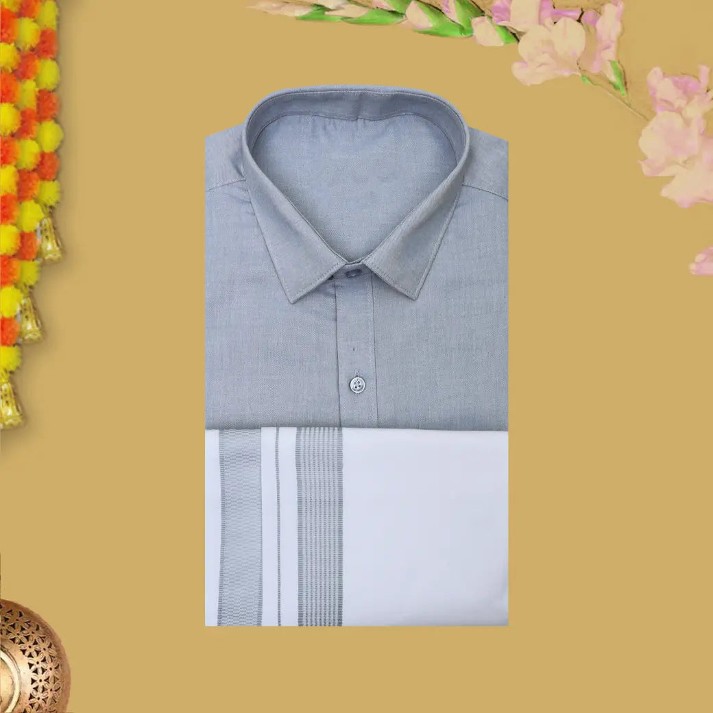 GreyBlue With White Cotton Readymade Shirt and Double Matching Border Dhoti Set For Men