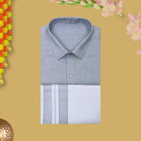 GreyBlue With White Cotton Readymade Shirt and Double Matching Border Dhoti Set For Men