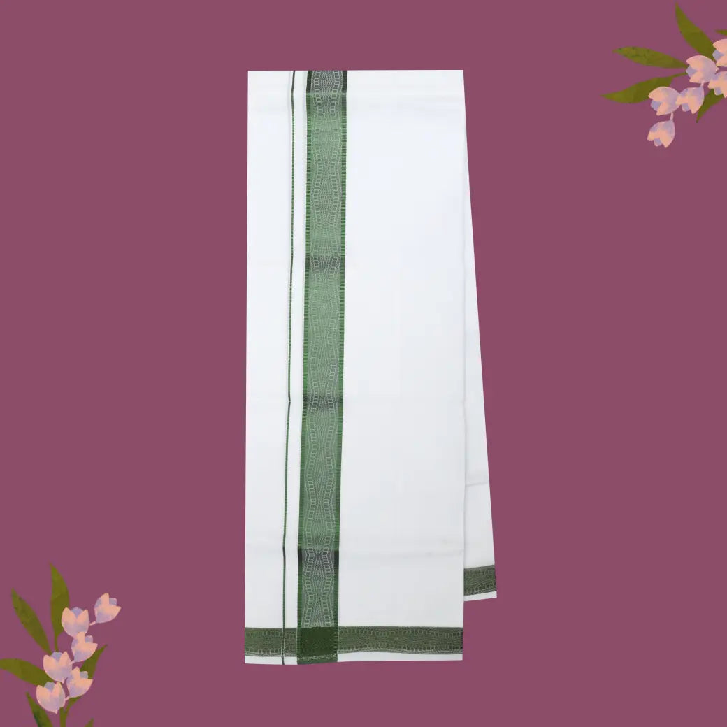 White with Olive Green Fancy Jari Border Single Layer Cotton Men’s Dhoti