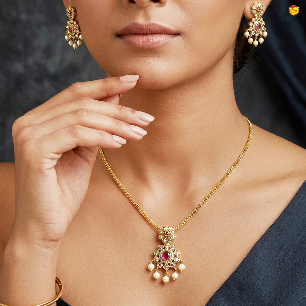 South Indian Attigai Style Antique Chain With Dollar  Stone Necklace matching earrings Set