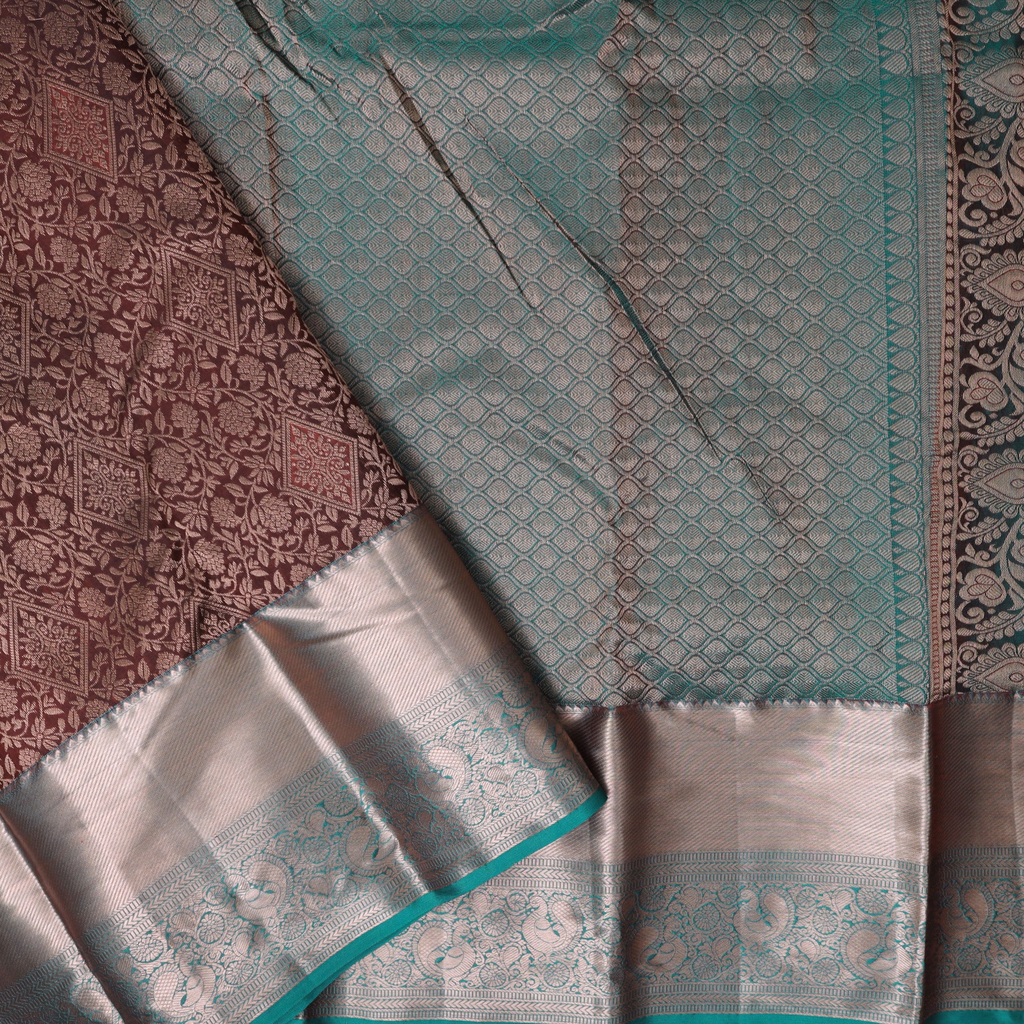 Dark Brown With Green Wedding Silk Saree