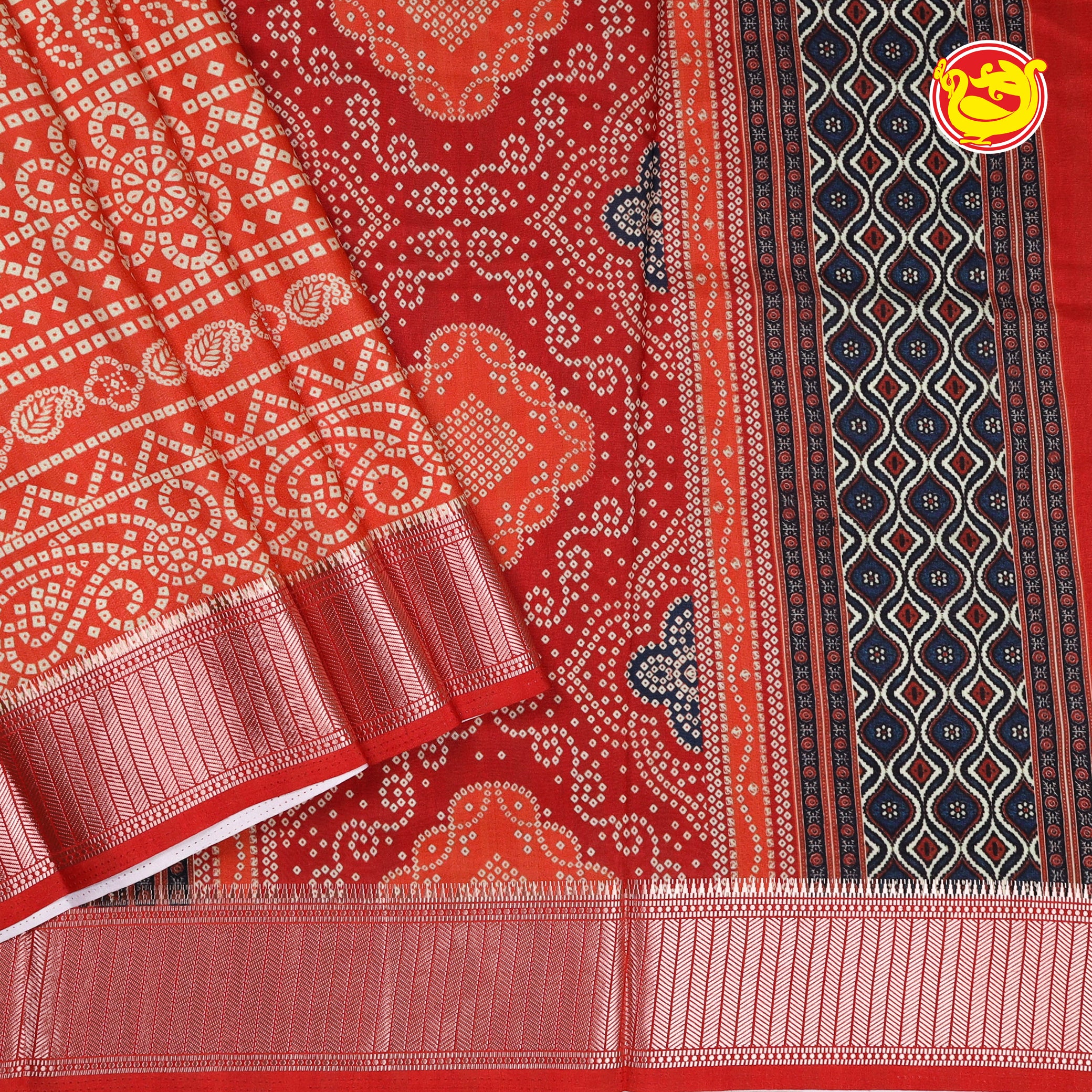 Red Bandhej printed Assam silk saree