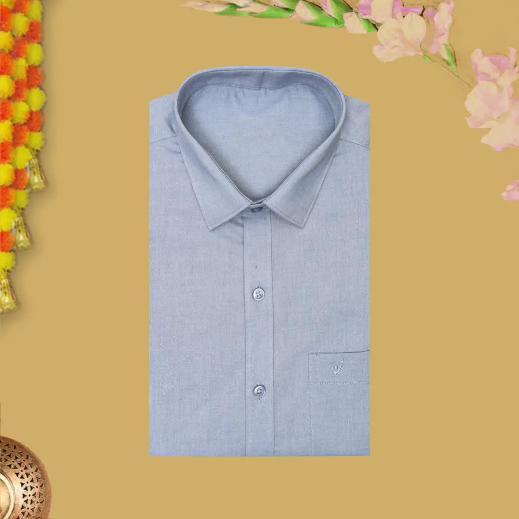 GreyBlue With White Cotton Readymade Shirt and Double Matching Border Dhoti Set For Men