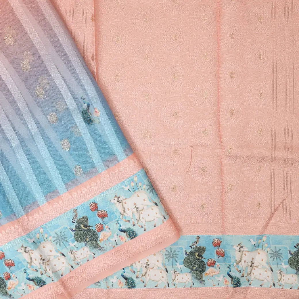 BLUE WITH LIGHTPINKSemi Burberry Silk Saree
