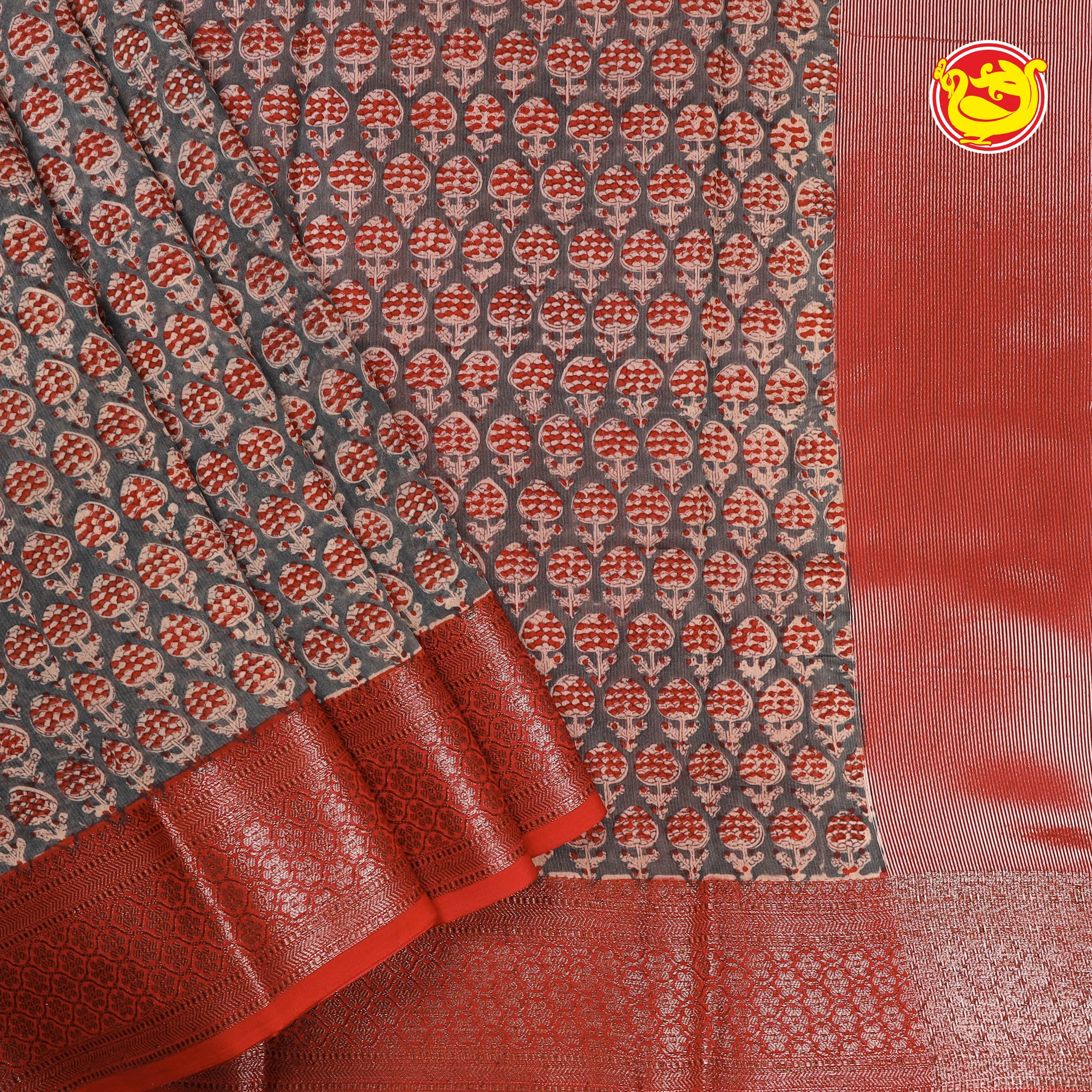 Grey with red pure chanderi silk saree