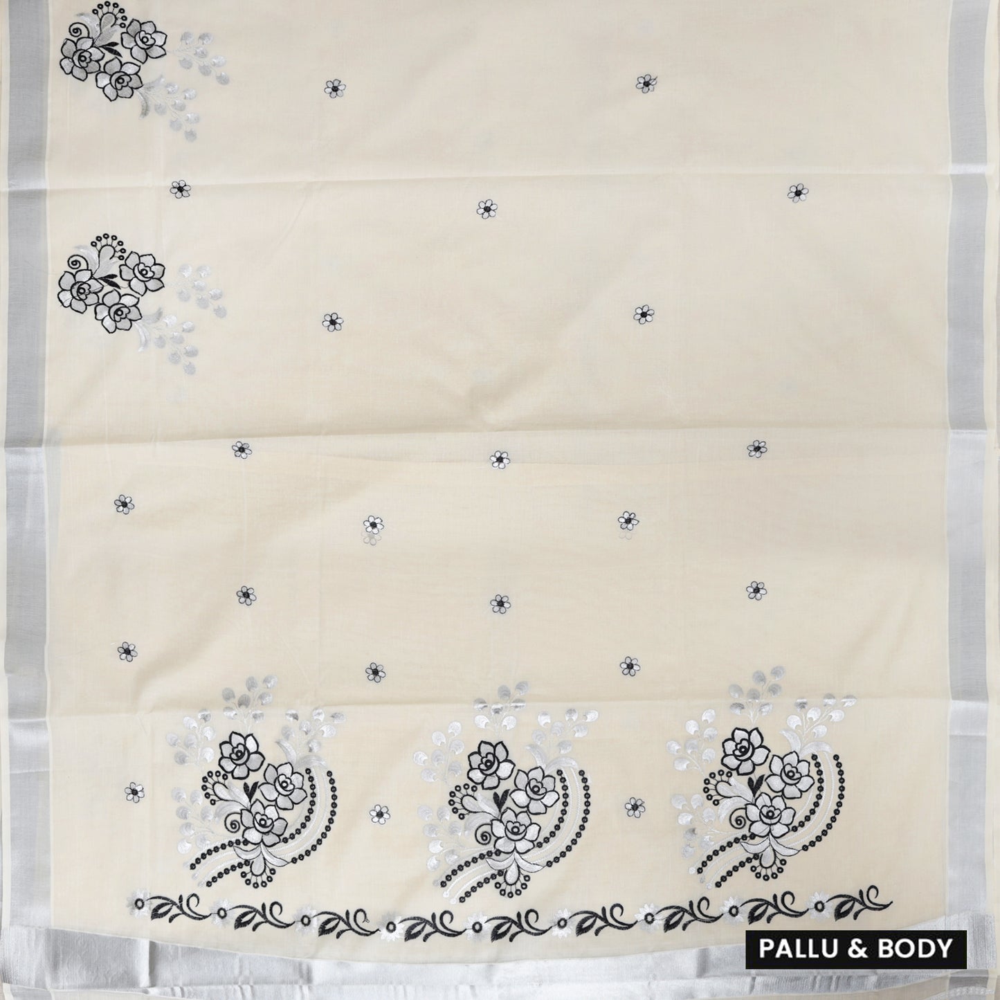 Off White With Silver Zeri Floral Design traditional kerala onam saree