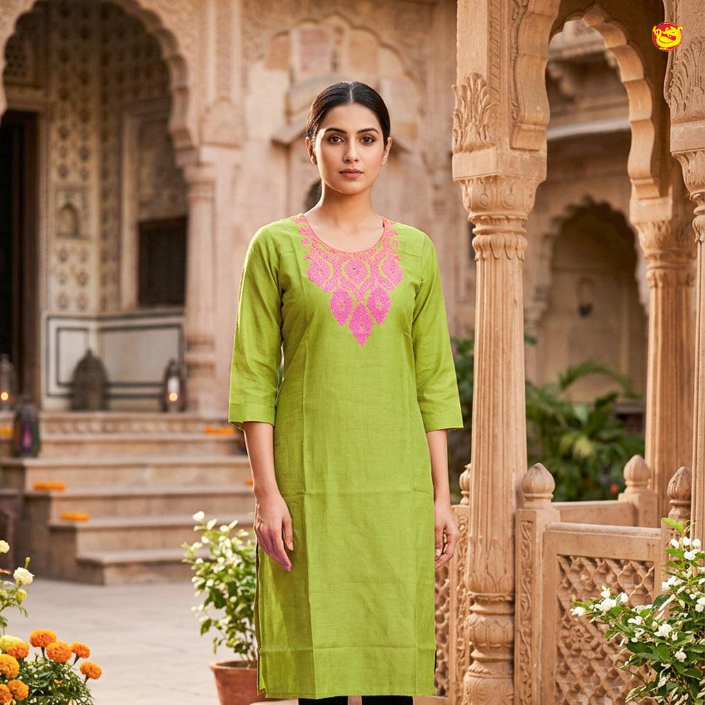 Lime Green With Floral Design Ladies Readymade Straight Cut Top