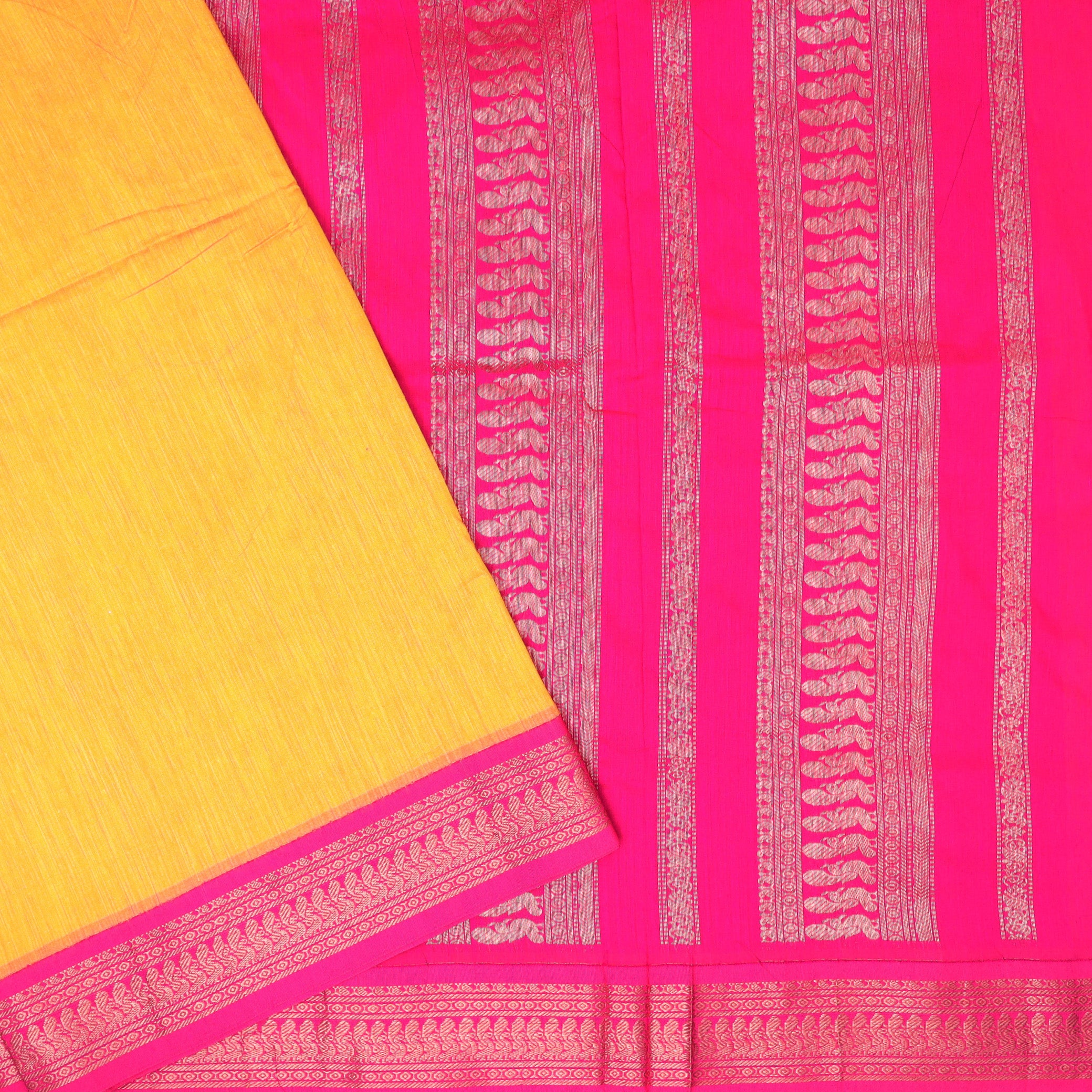 Mustard Yellow for the body and Rani Pink Premium Quality Kalyani Cotton Saree