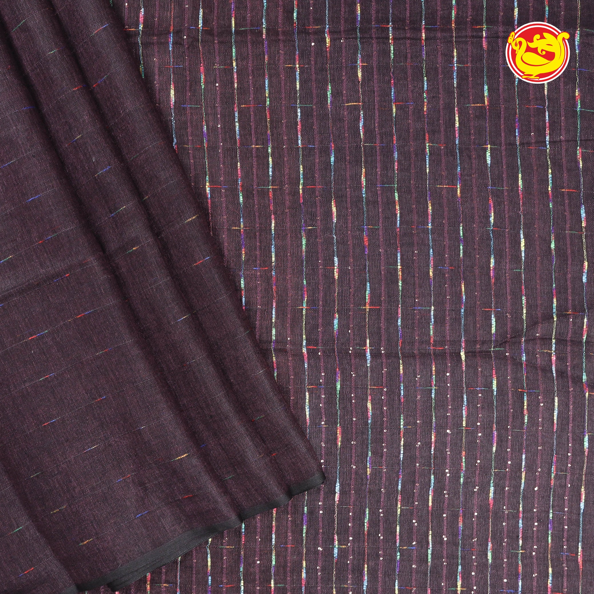 Burgundy colour pure linen saree with multicolour thread buttas