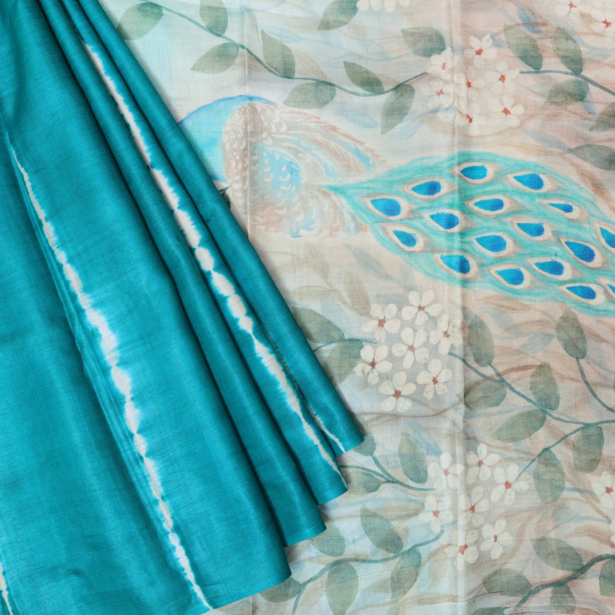 Pure Tussar Silk Saree Turquoise With Floral Design and Painted Prints and Zari Woven Border