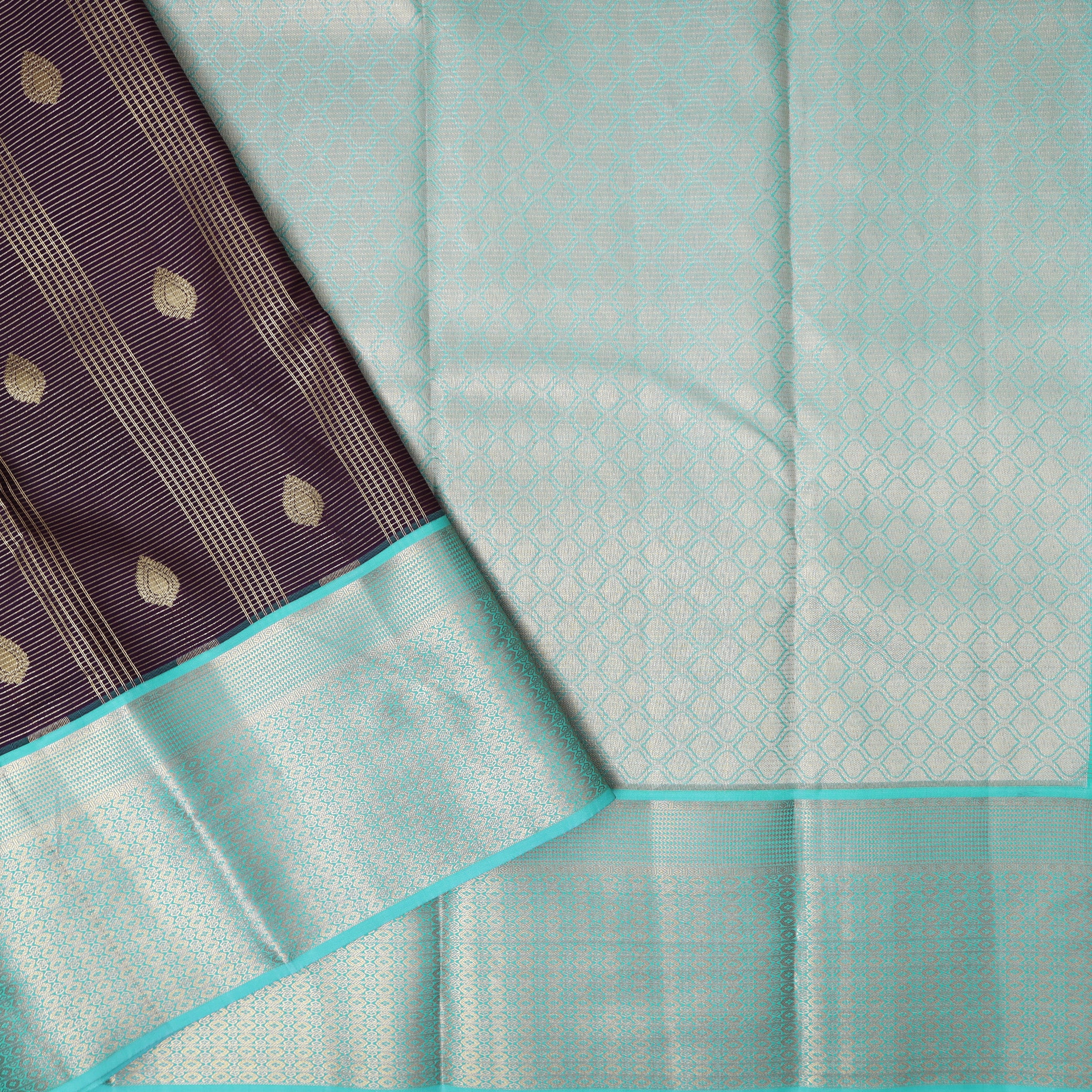 Dark Brown With  Teal Green Gold Zari Yuvana Semi Soft Silk Saree