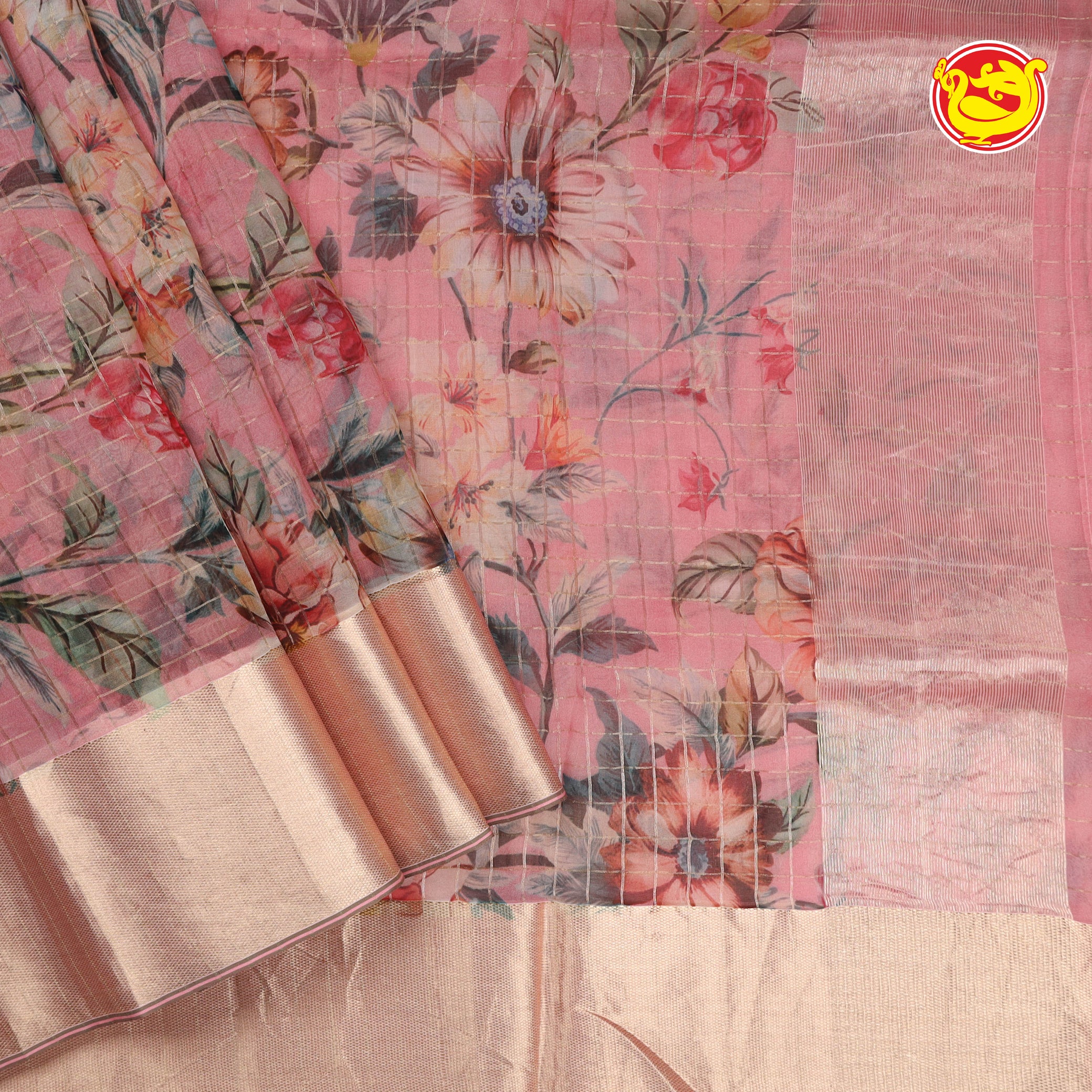 lotus pink pure kora silk saree with floral digital prints