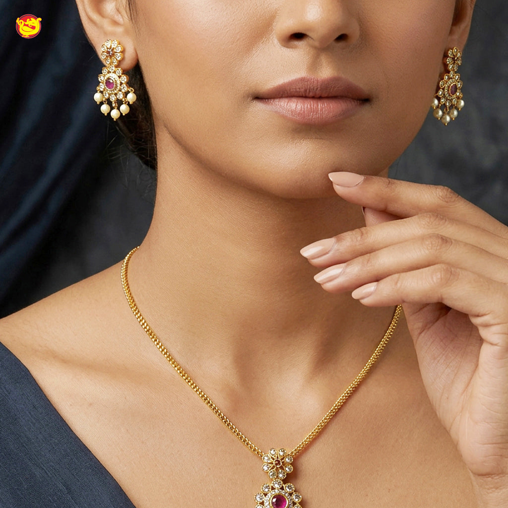 South Indian Attigai Style Antique Chain With Dollar  Stone Necklace matching earrings Set