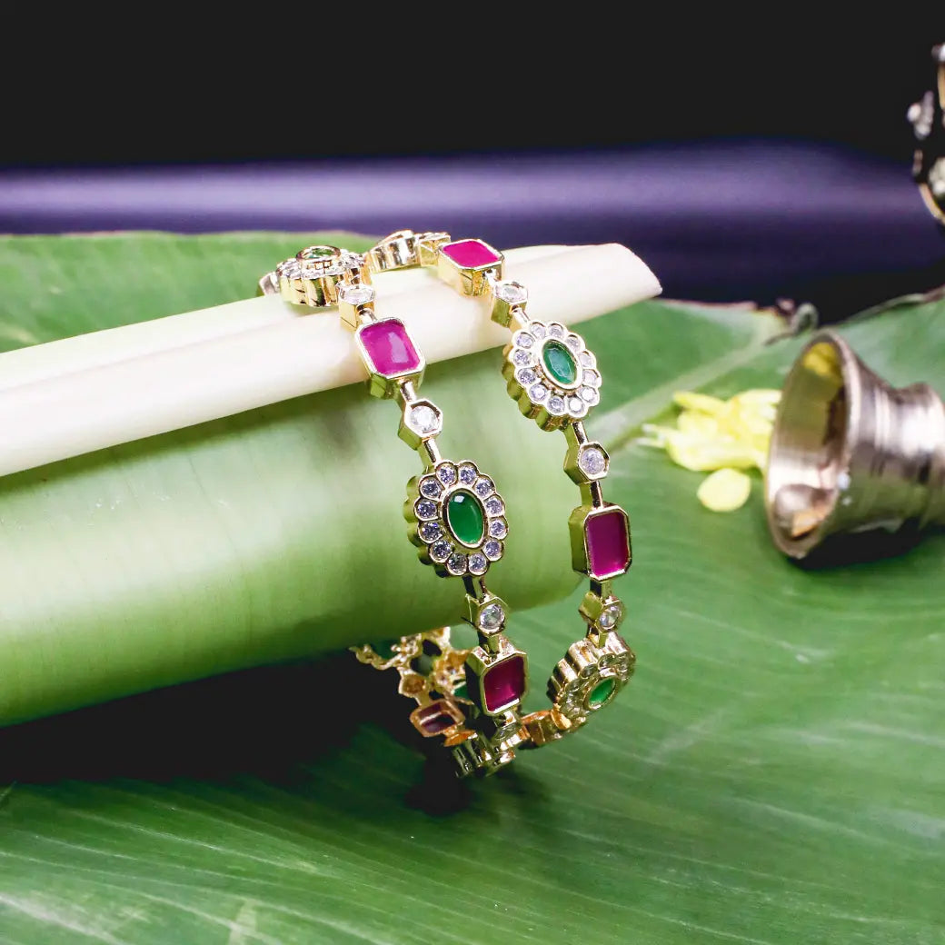 Pink and green stone bangles pair