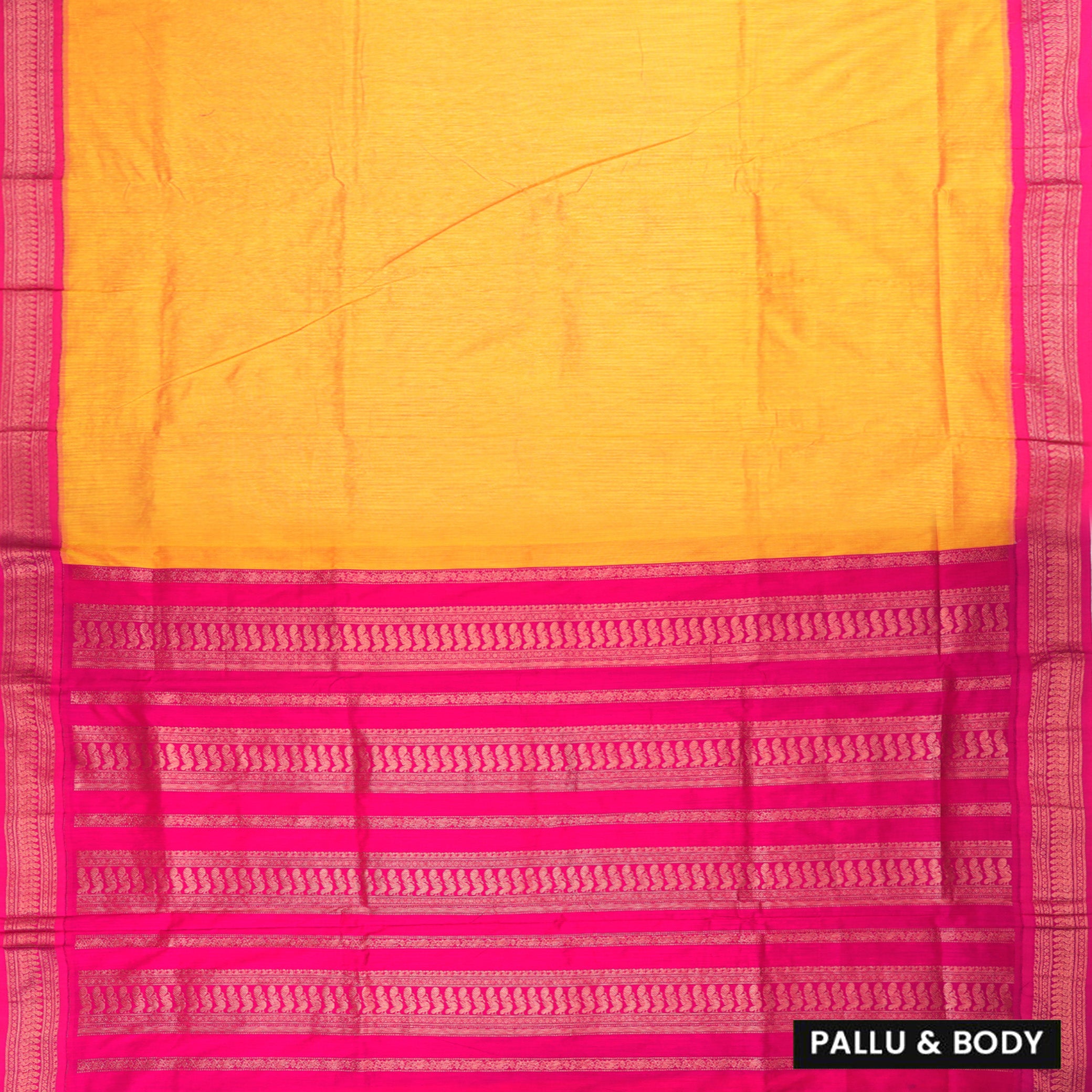 Mustard Yellow for the body and Rani Pink Premium Quality Kalyani Cotton Saree