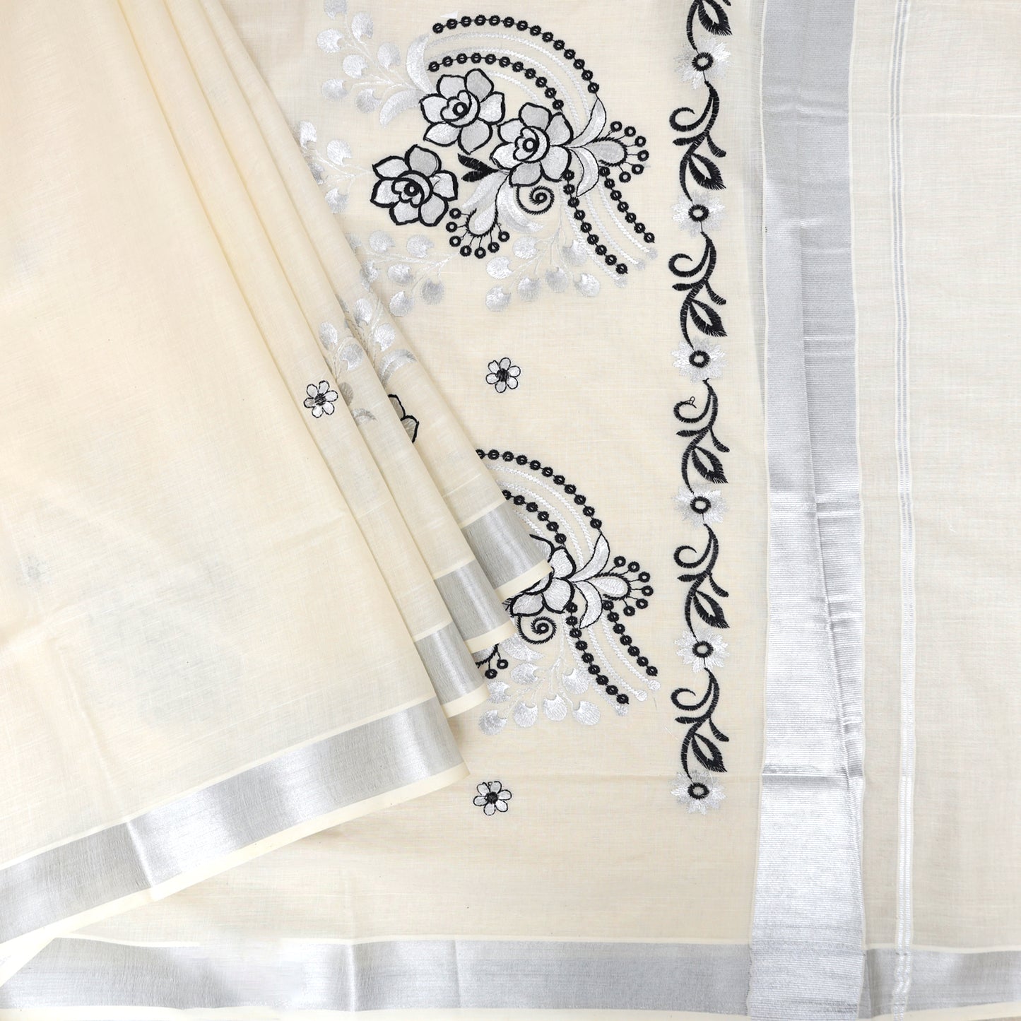 Off White With Silver Zeri Floral Design traditional kerala onam saree