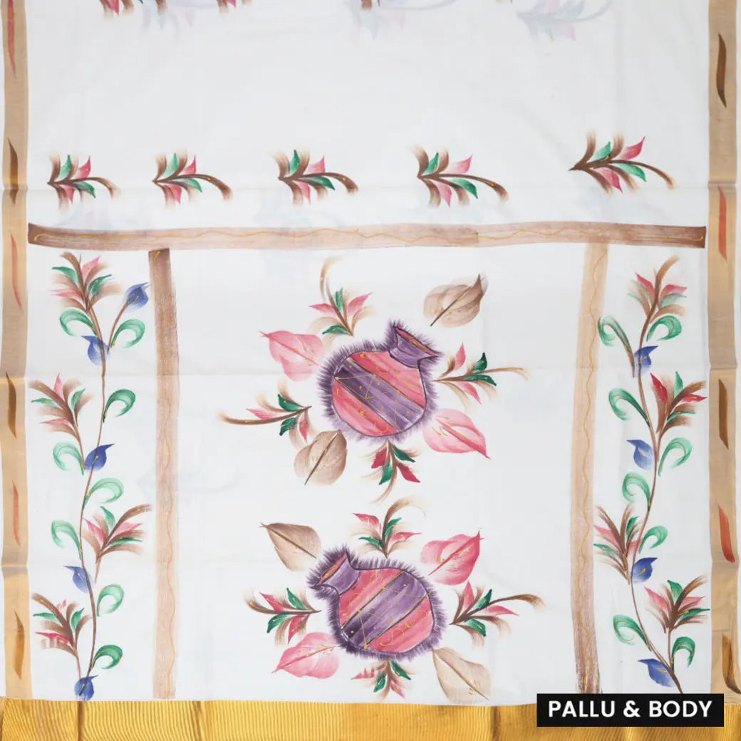 Southloom Exclusive Onam Kerala Traditional Fancy Border Floral Cotton Saree (Matching Plain Blouse Included)