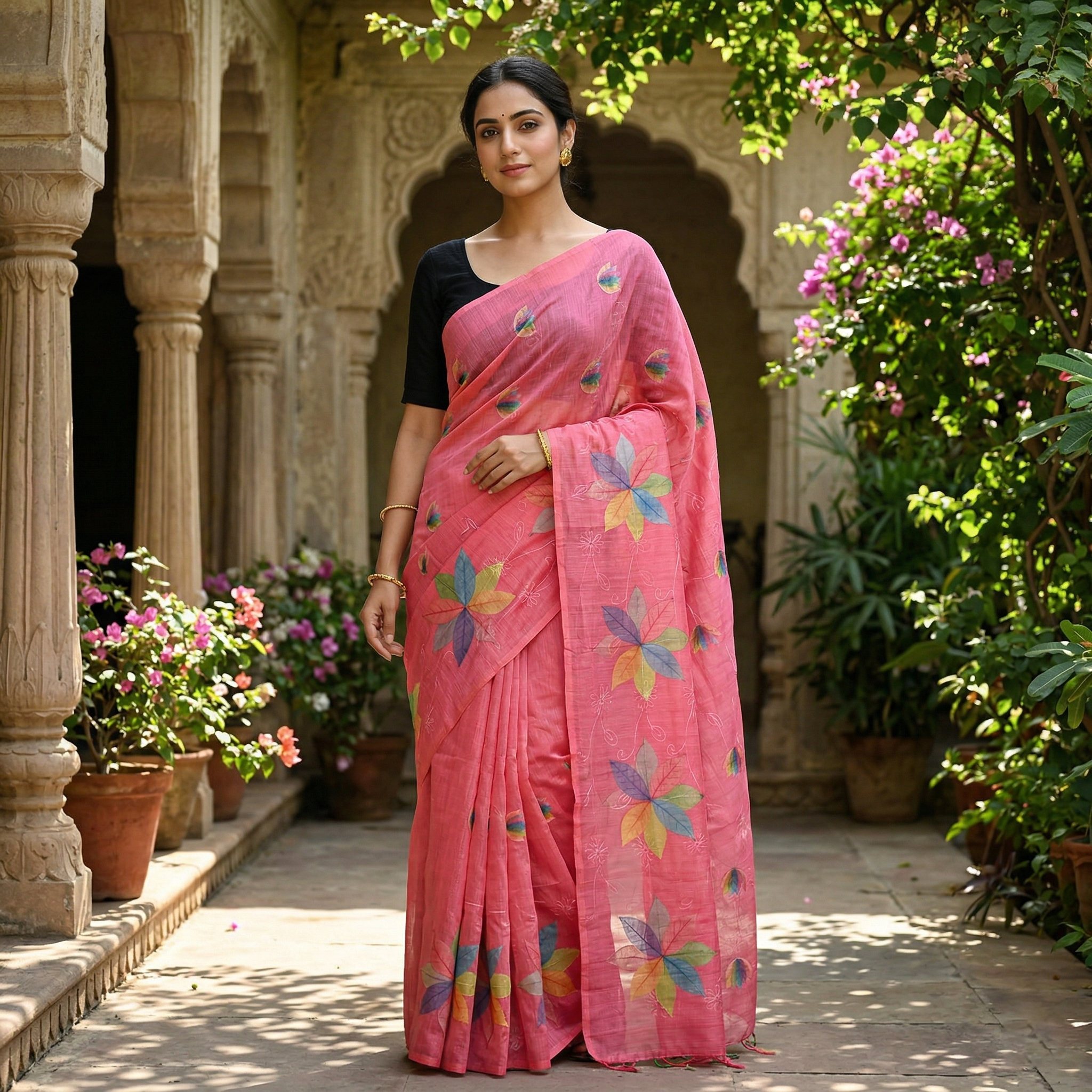 Rose Pink with Floral Design Trendy Tissue Fancy Saree