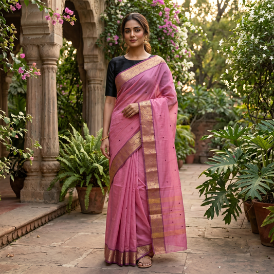 Light Pink With Copper Zeri Border  Pure Cotton Saree