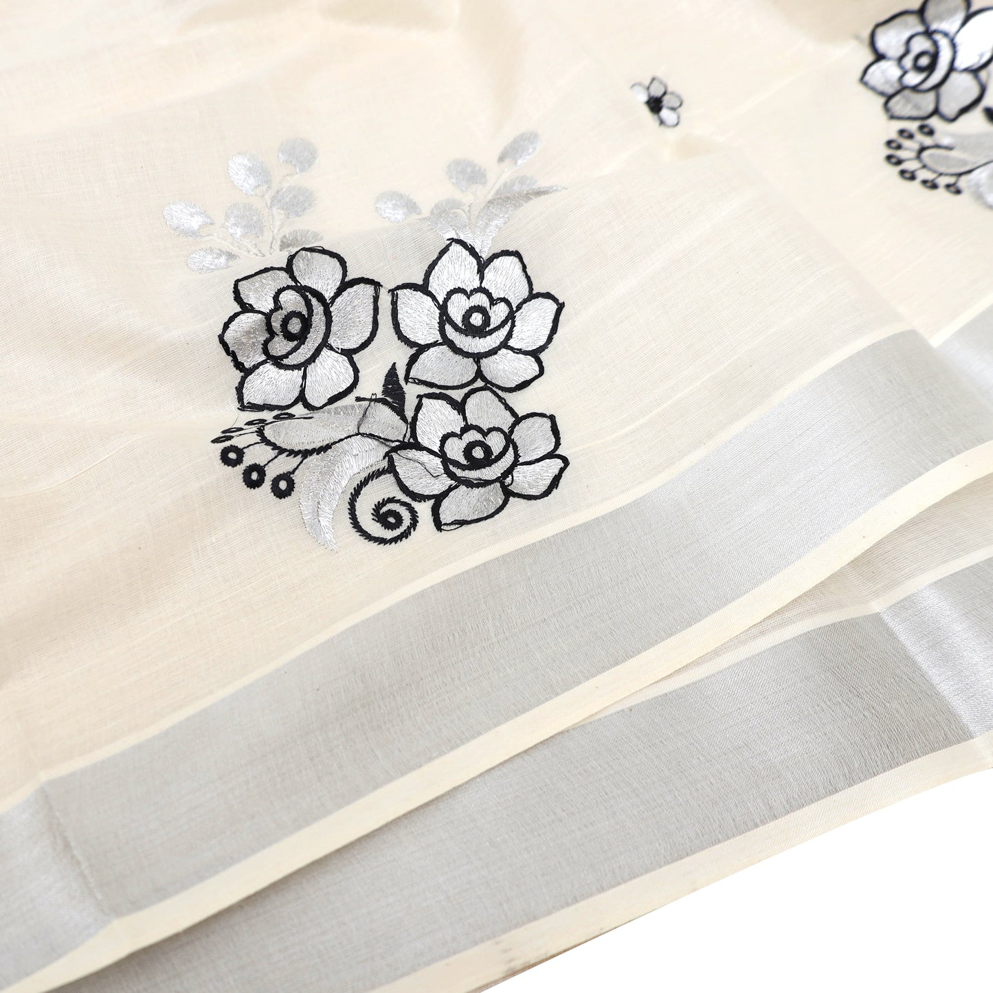 Off White With Silver Zeri Floral Design traditional kerala onam saree