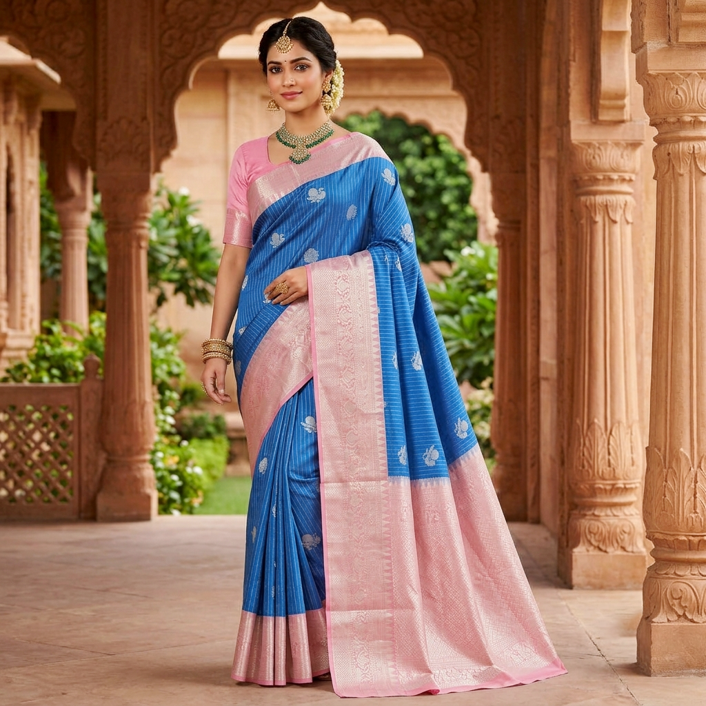 Royal Blue with Baby Pink Vairasoosi Soft Silk Saree