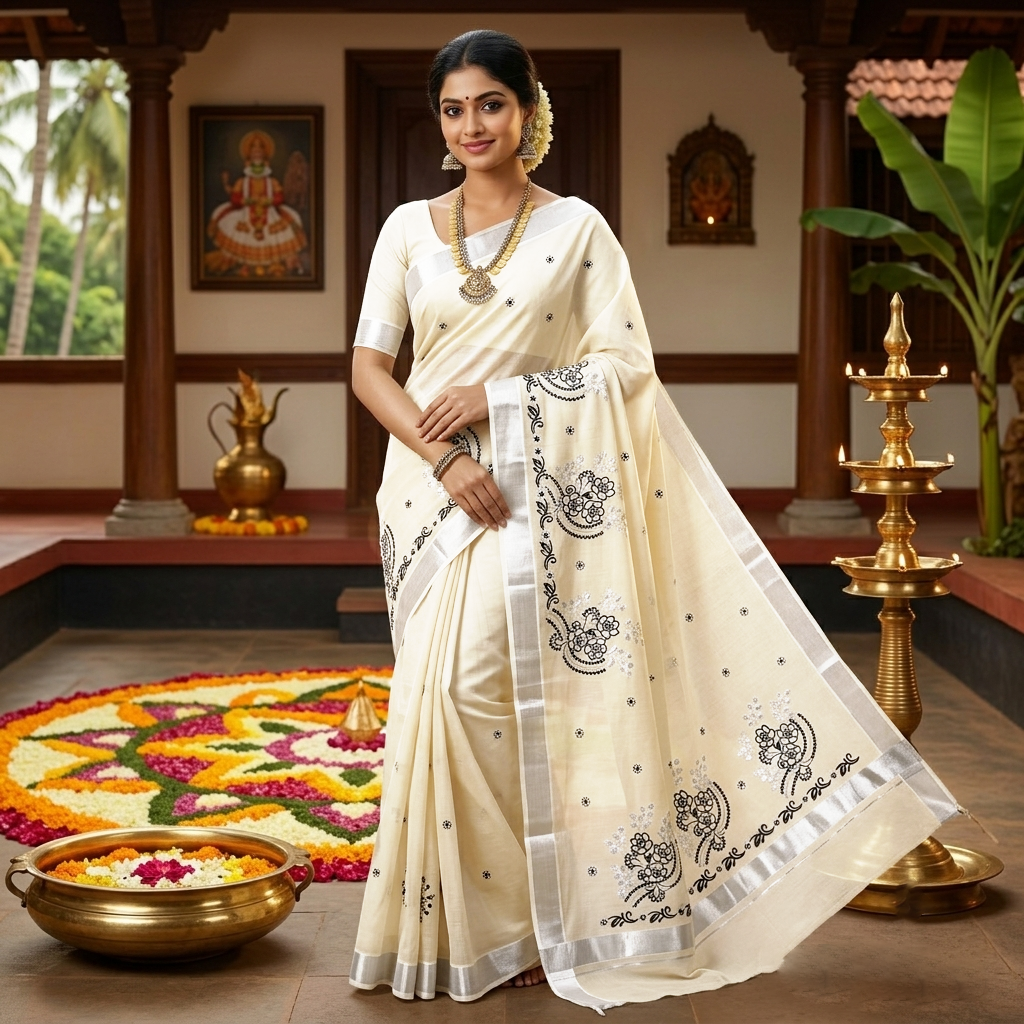 Off White With Silver Zeri Floral Design traditional kerala onam saree