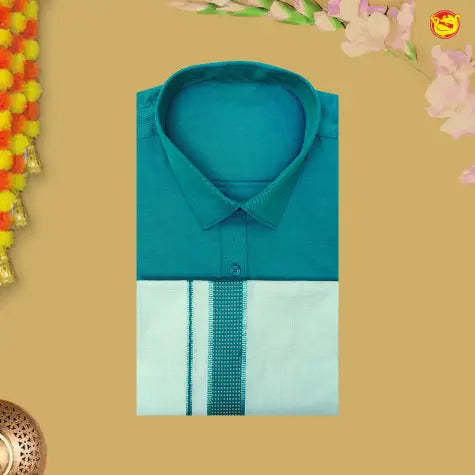 Teal Green Colour Readymade Shirt And Matching Border Dhoti Set for Men