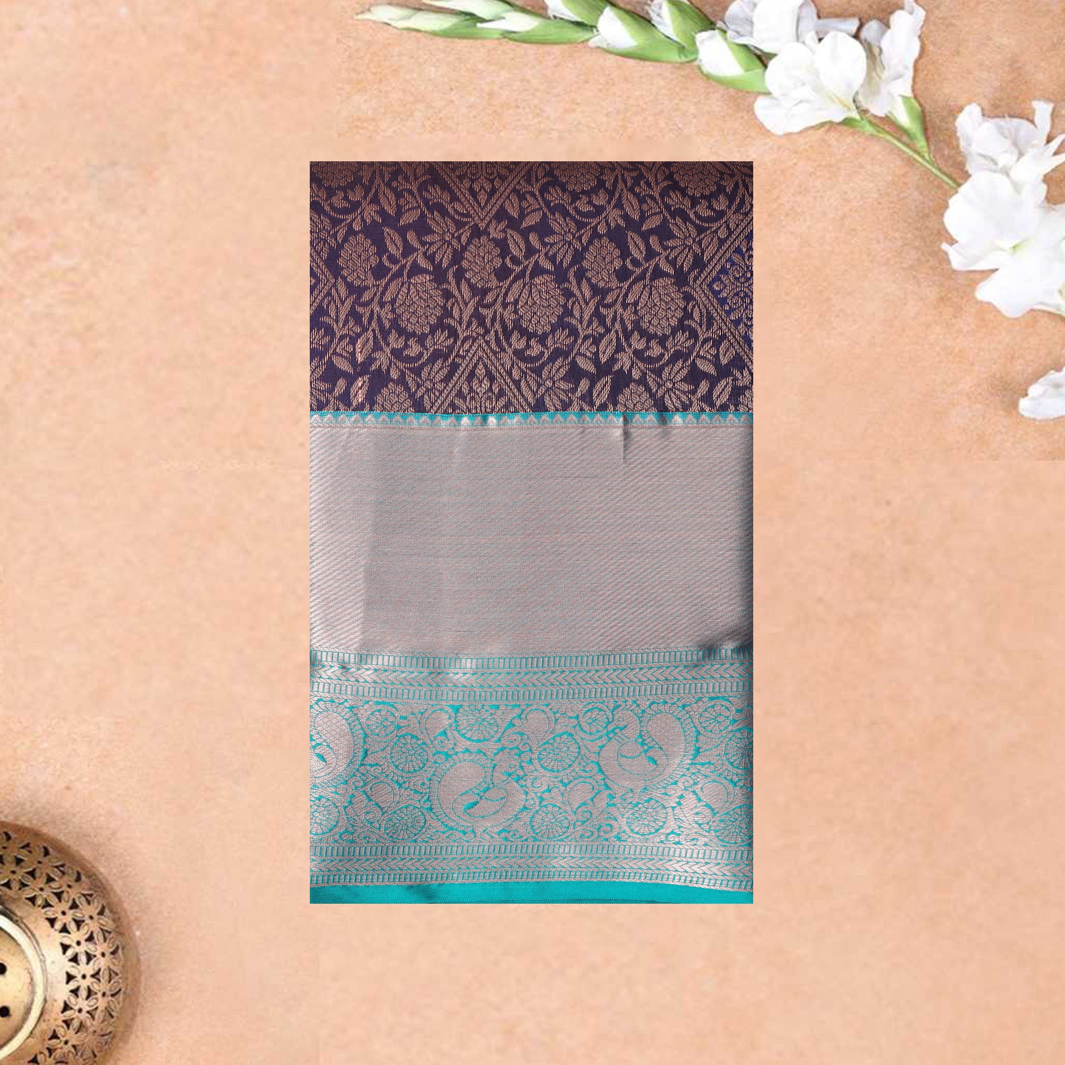 Dark Navy Blue  With Green Wedding Silk Saree
