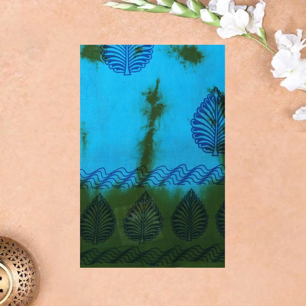 Aqua Blue - Forest Green Sungudi Cotton Saree without Blouse